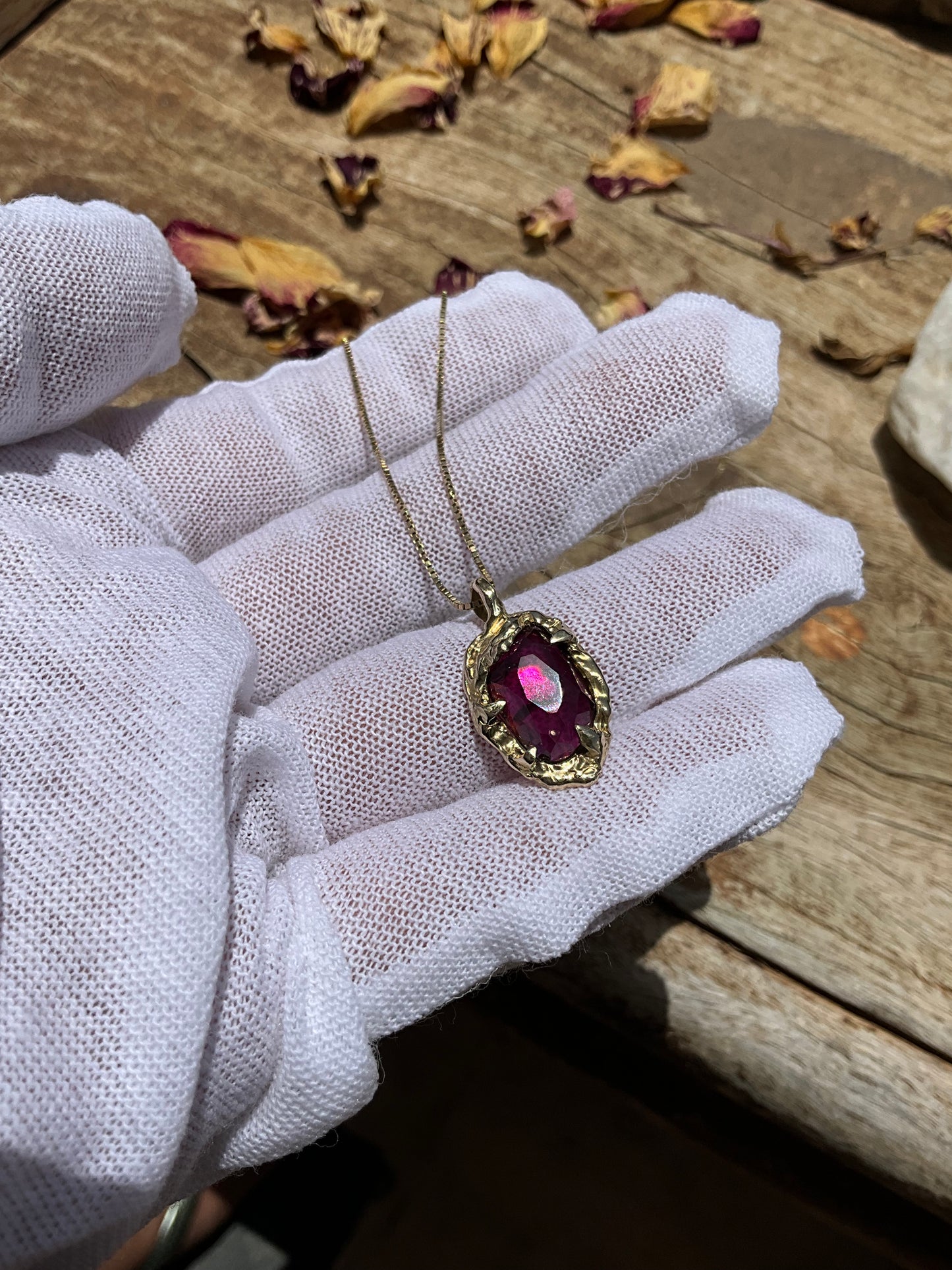 14K Soild Gold “Wild Earth Warrior” Rodolite Garnet Necklace - Pyāra Designs