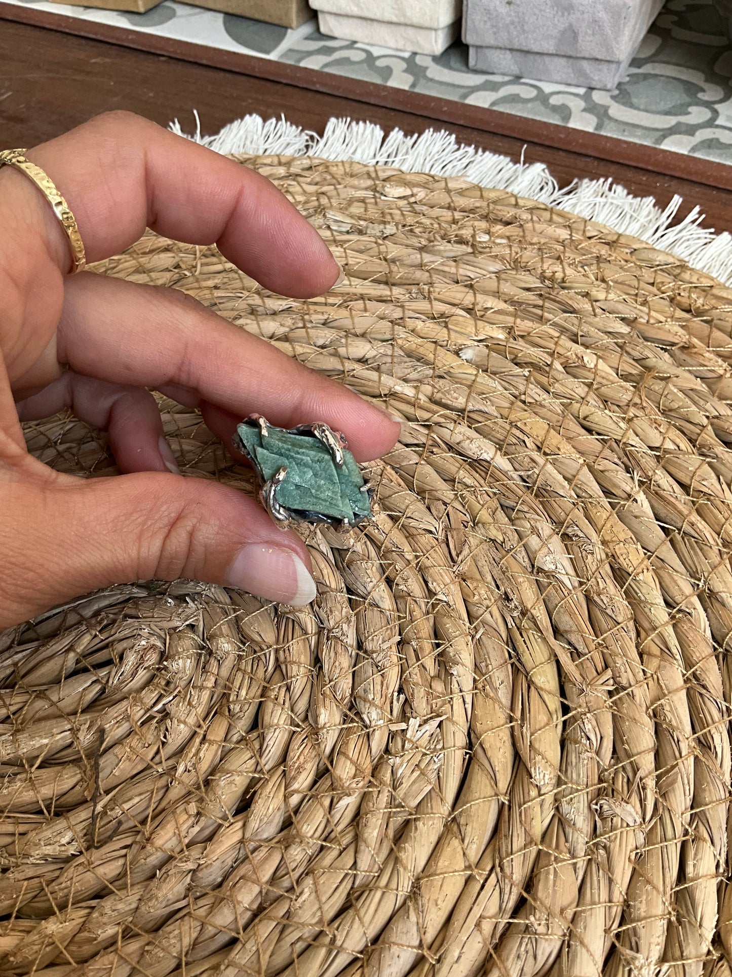 N.6 Green Heulandite Massive Heavy Ring - Pyāra Designs