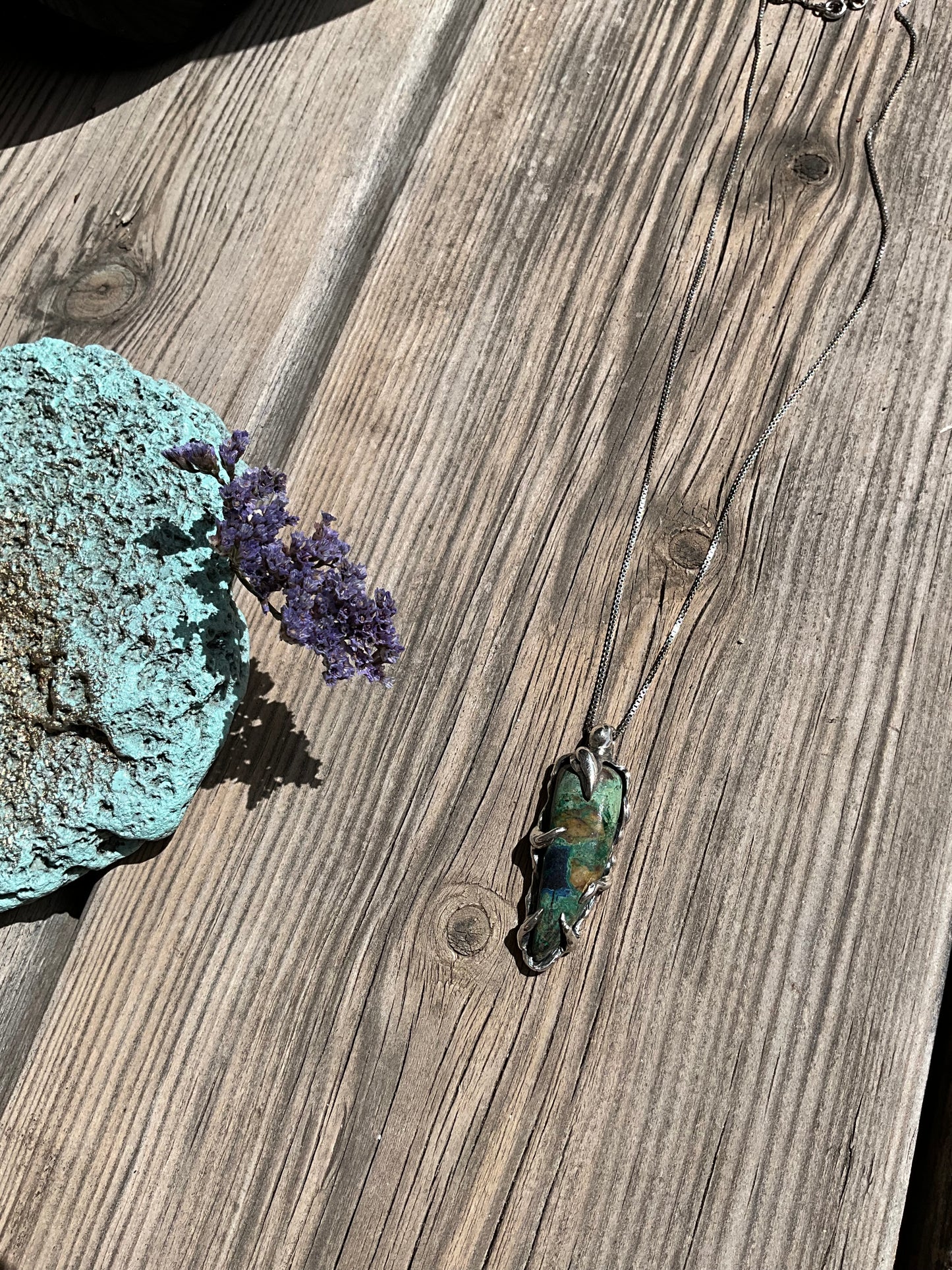 N.7 Chrysocolla Gems In Dirty Sterling Necklace