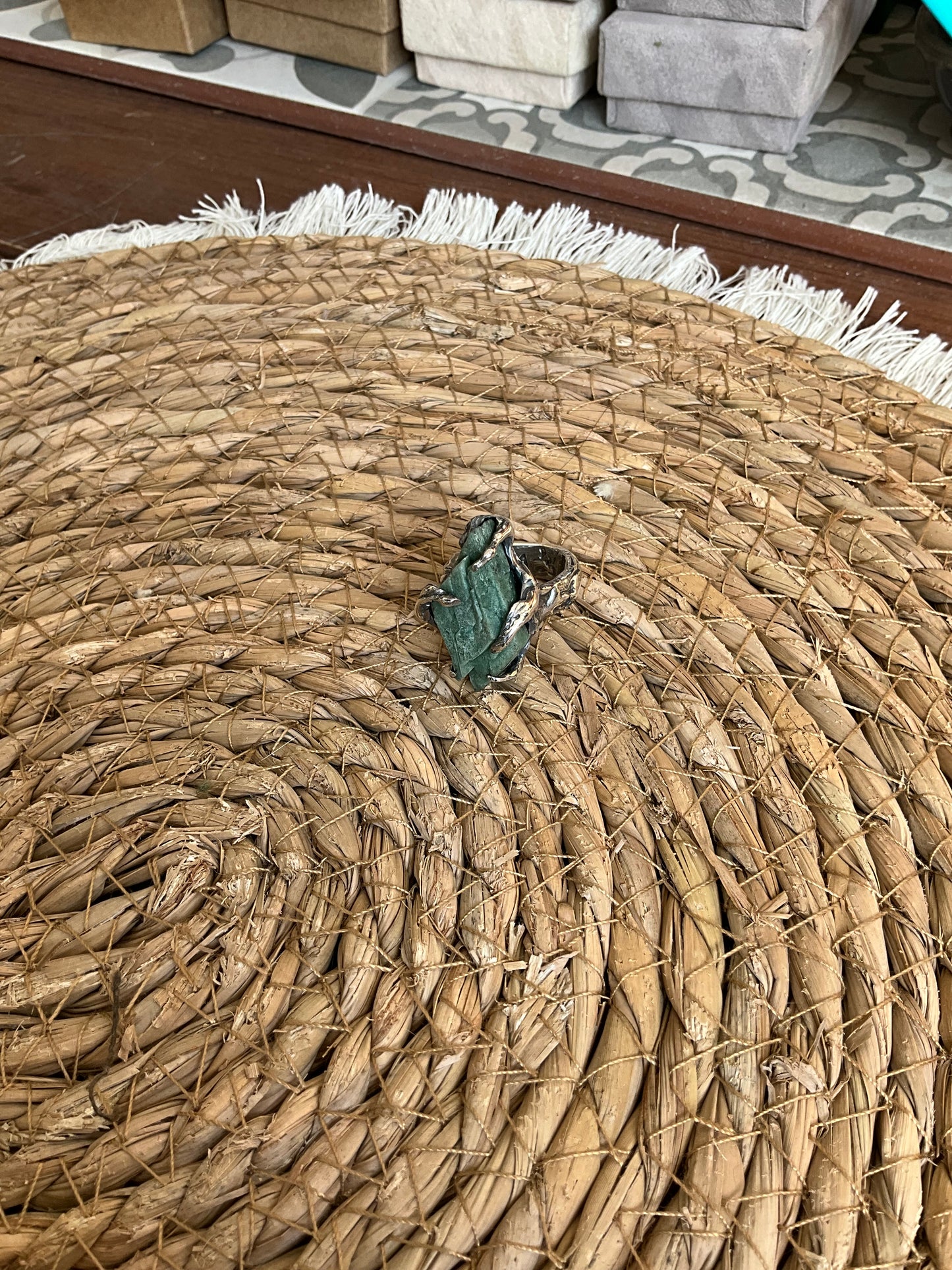N.6 Green Heulandite Massive Heavy Ring - Pyāra Designs