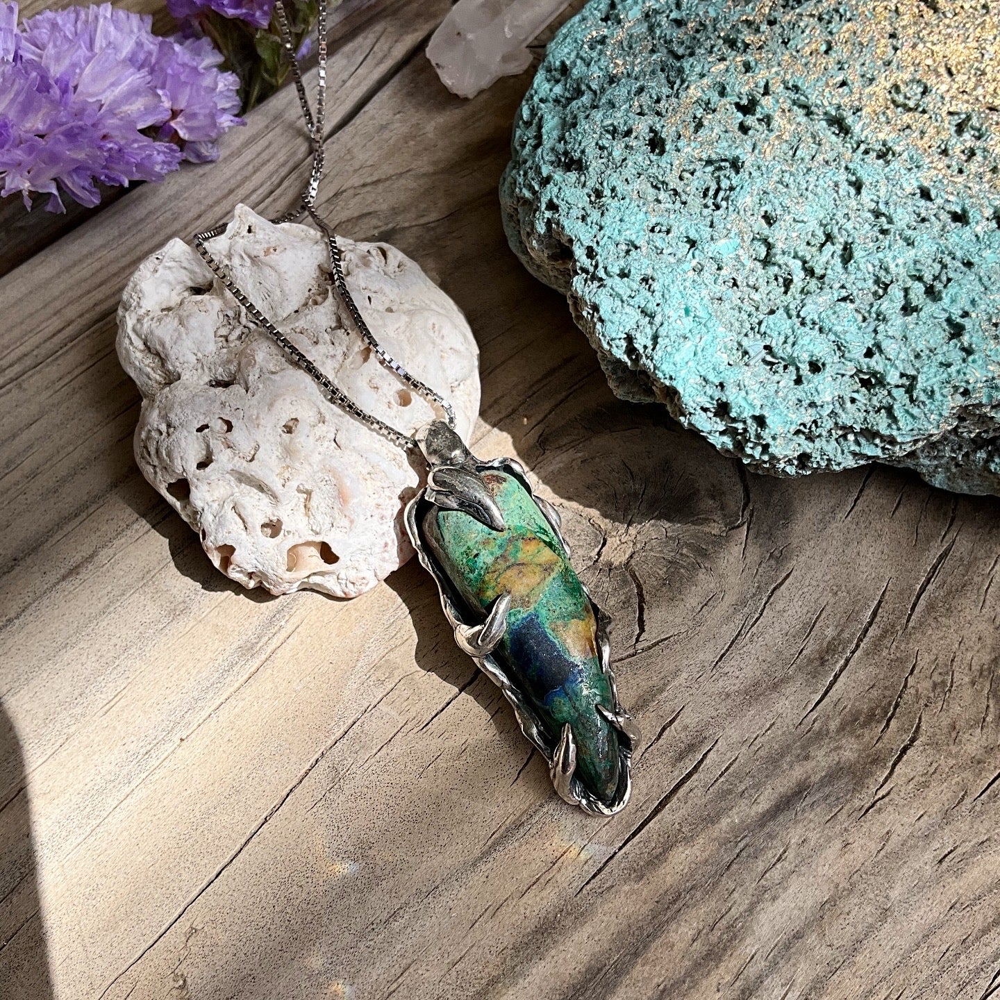 N.7 Chrysocolla Gems In Dirty Sterling Necklace