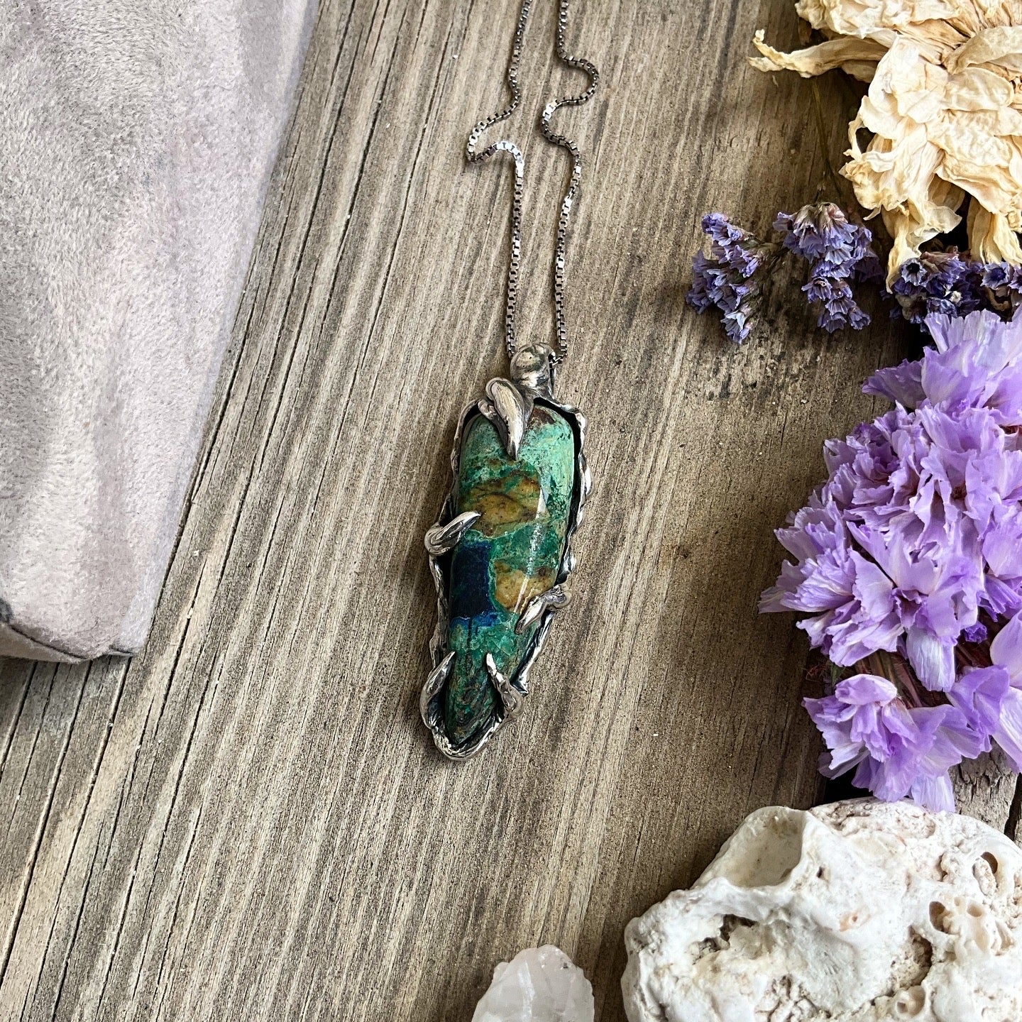 N.7 Chrysocolla Gems In Dirty Sterling Necklace