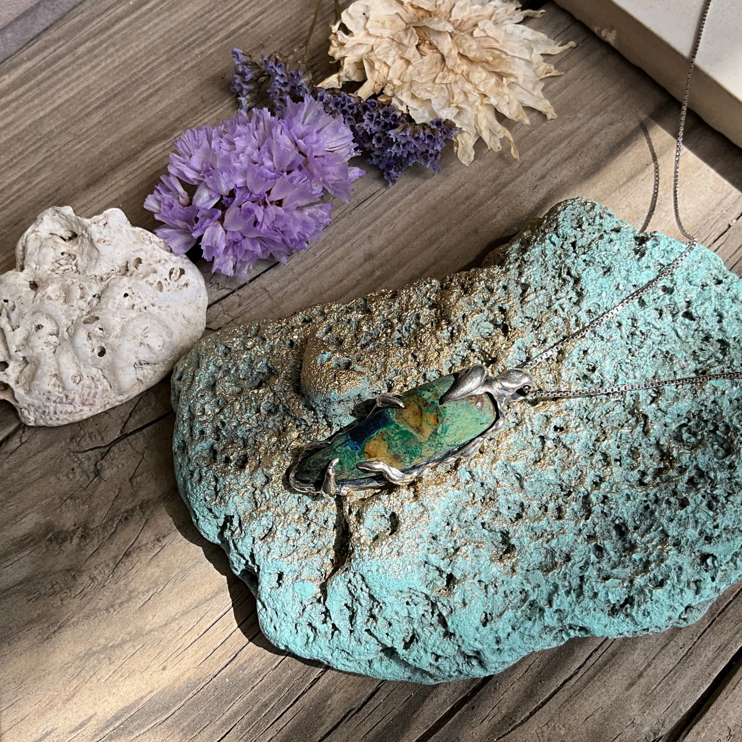 N.7 Chrysocolla Gems In Dirty Sterling Necklace