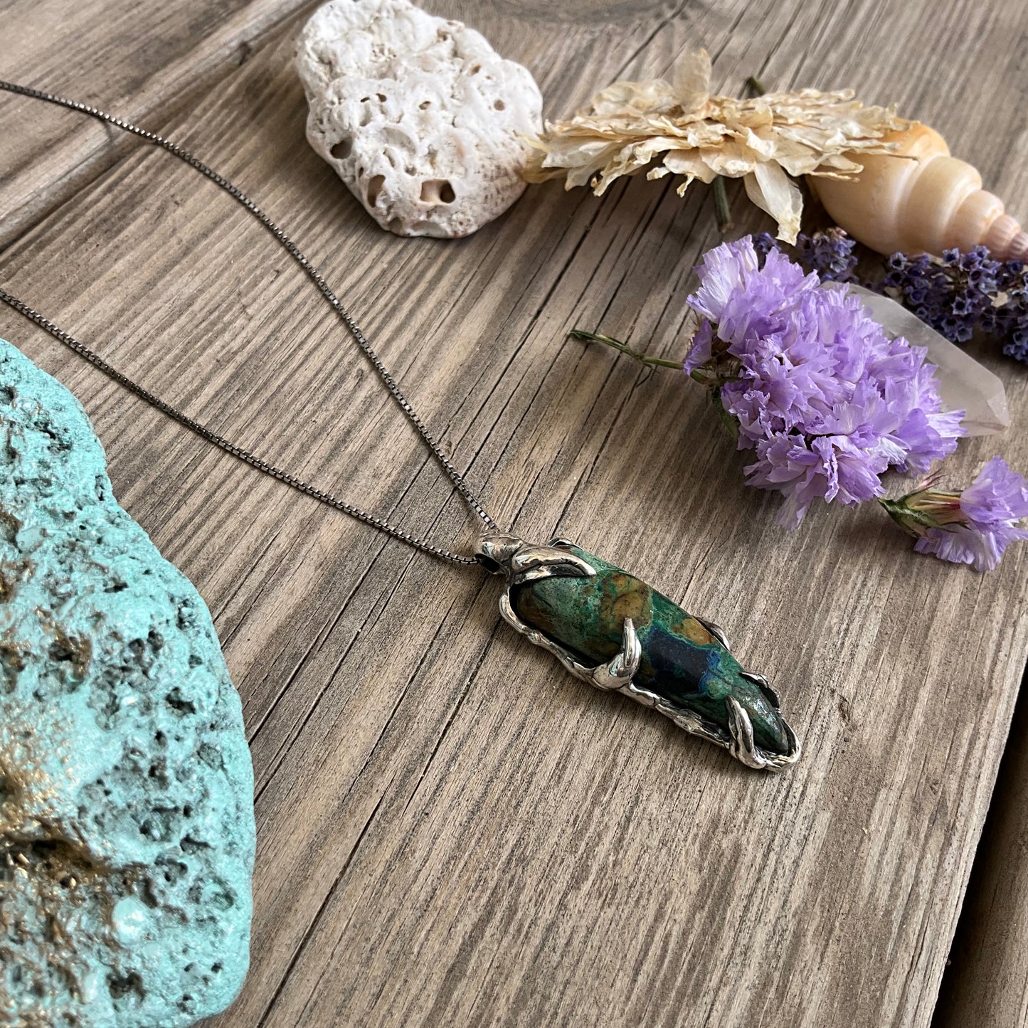 N.7 Chrysocolla Gems In Dirty Sterling Necklace