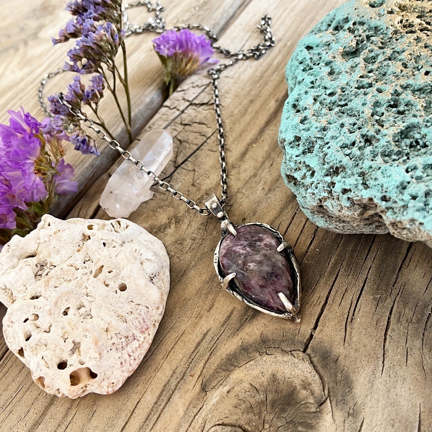 N.8 Charoite Gems In Dirty Sterling Necklace