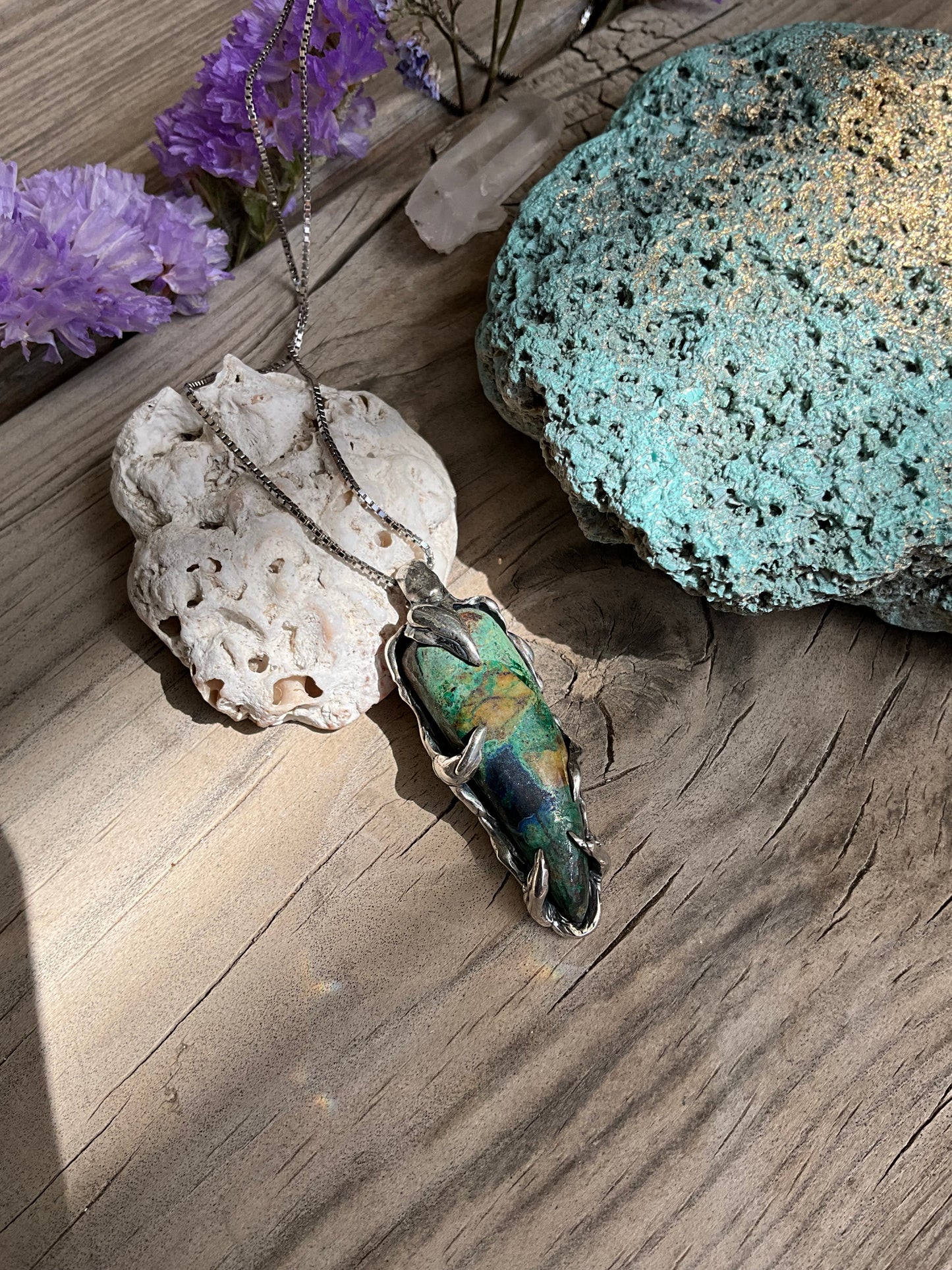 N.7 Chrysocolla Gems In Dirty Sterling Necklace