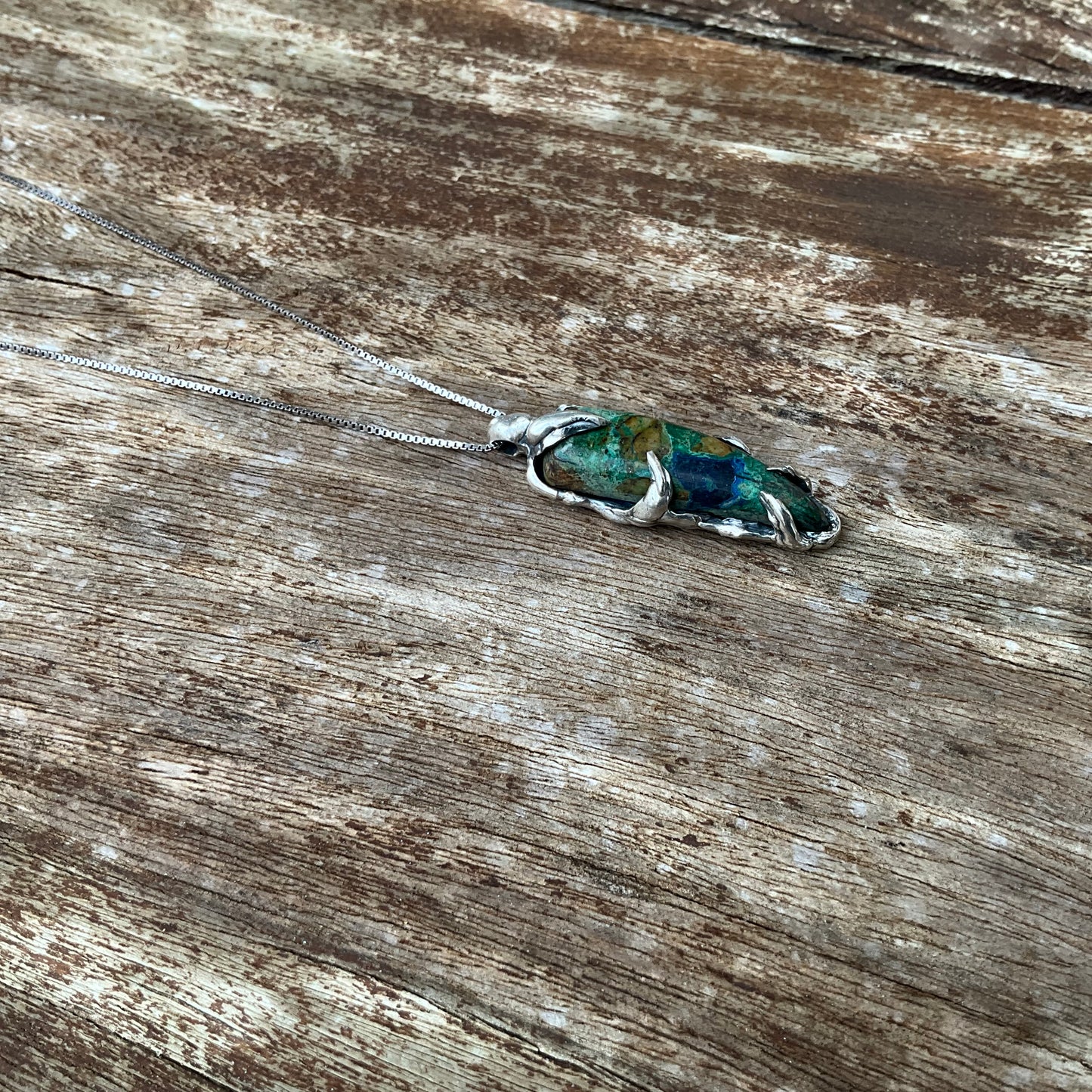 N.7 Chrysocolla Gems In Dirty Sterling Necklace