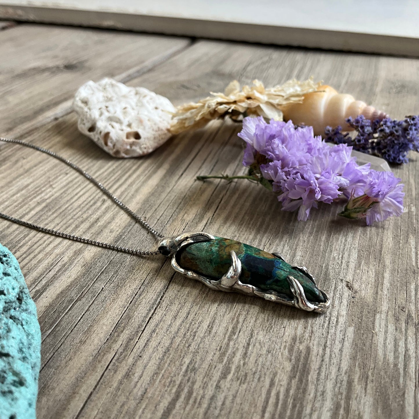N.7 Chrysocolla Gems In Dirty Sterling Necklace