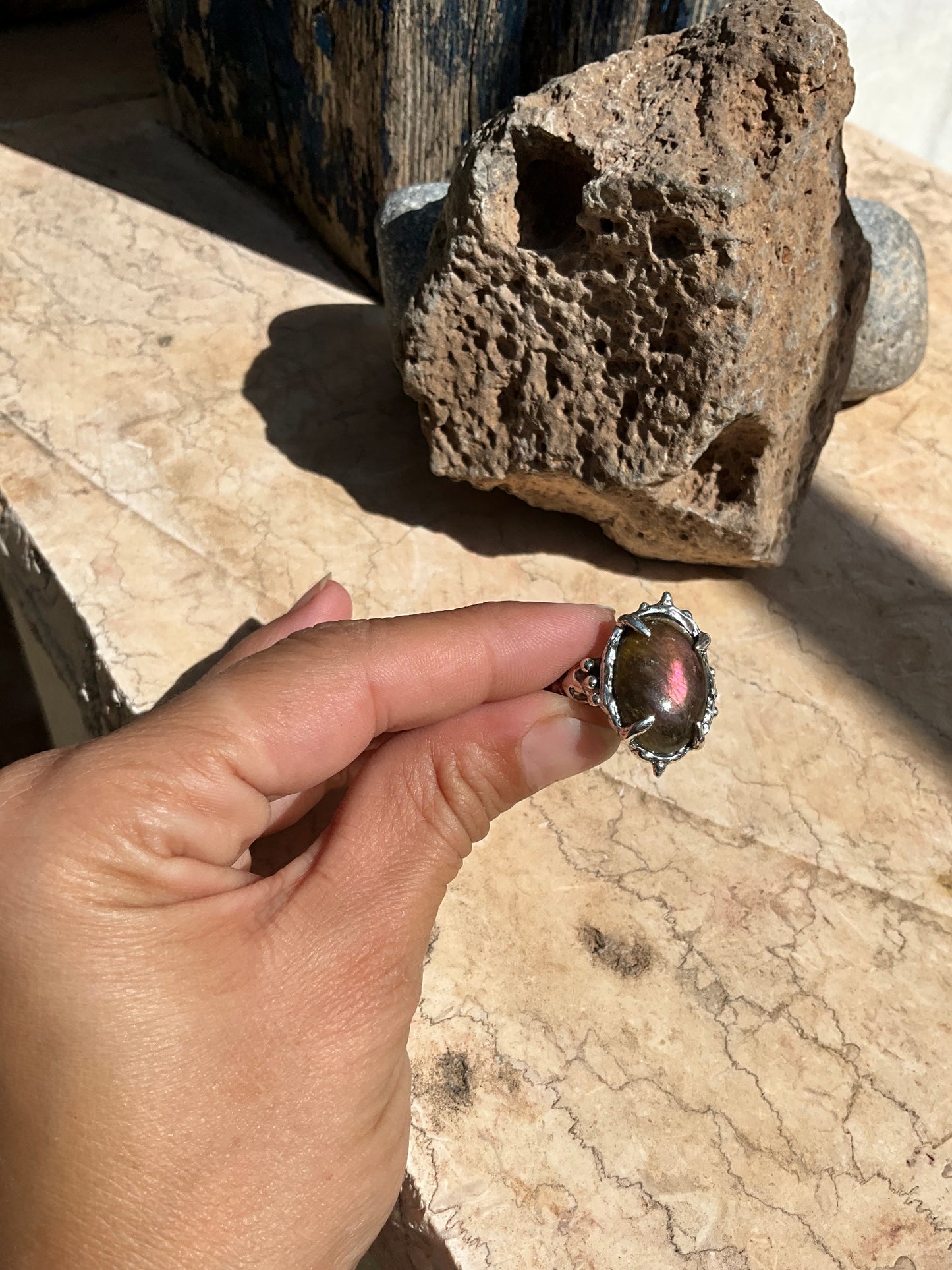 N.12 Pink Labradorite Massive Heavy Ring - Pyāra Designs