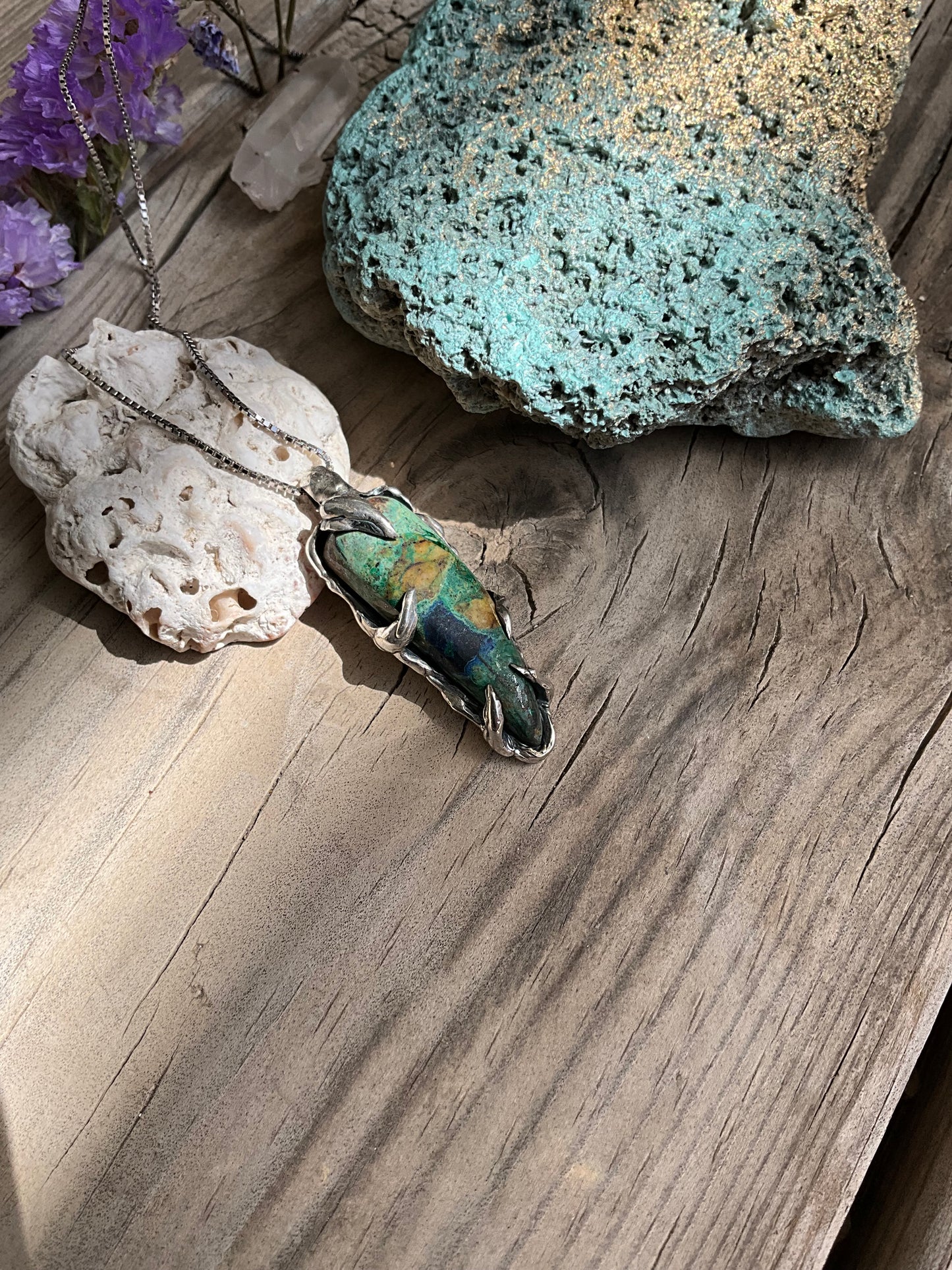 N.7 Chrysocolla Gems In Dirty Sterling Necklace