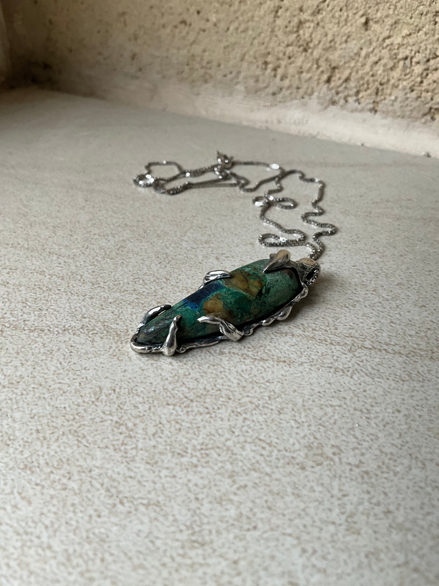 N.7 Chrysocolla Gems In Dirty Sterling Necklace