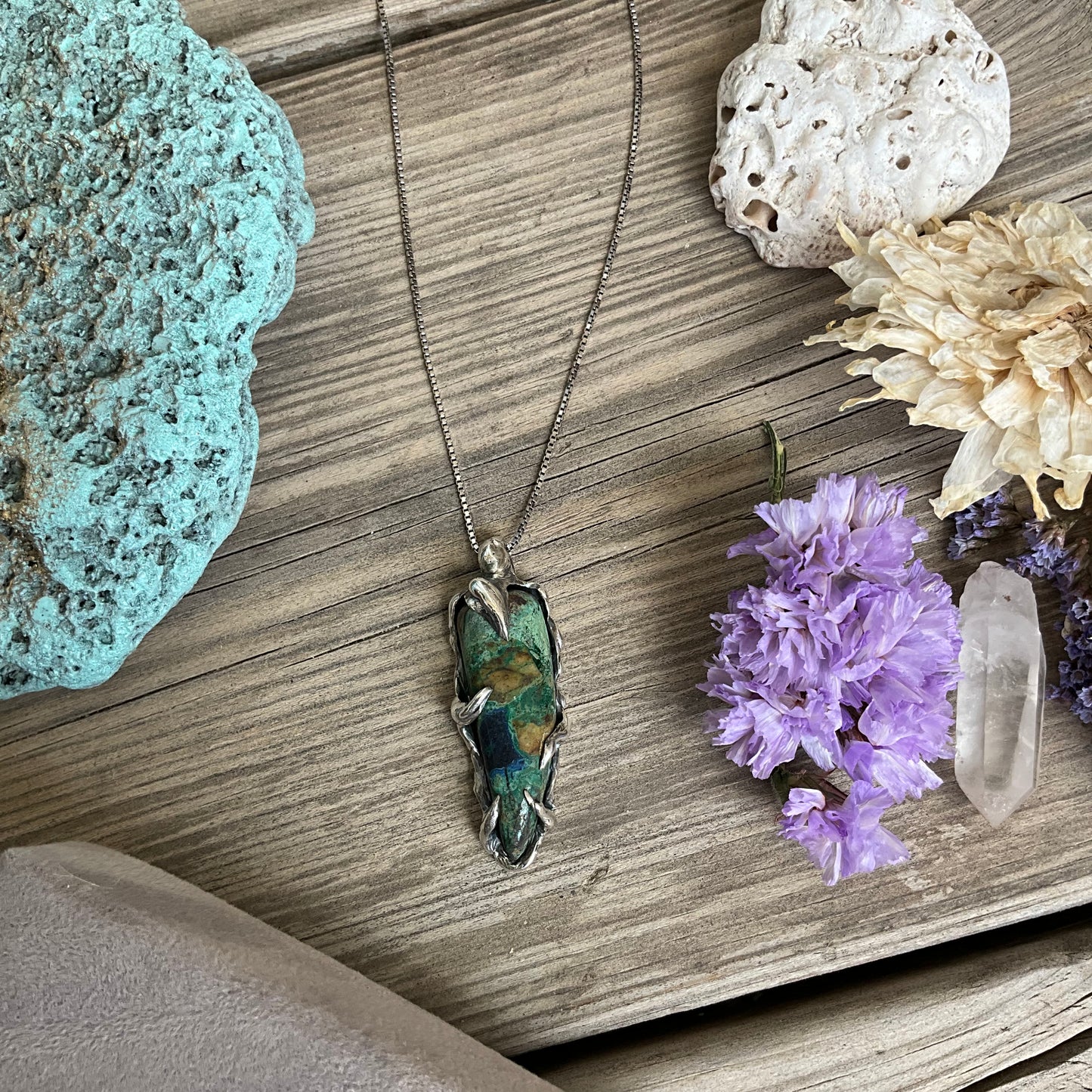 N.7 Chrysocolla Gems In Dirty Sterling Necklace