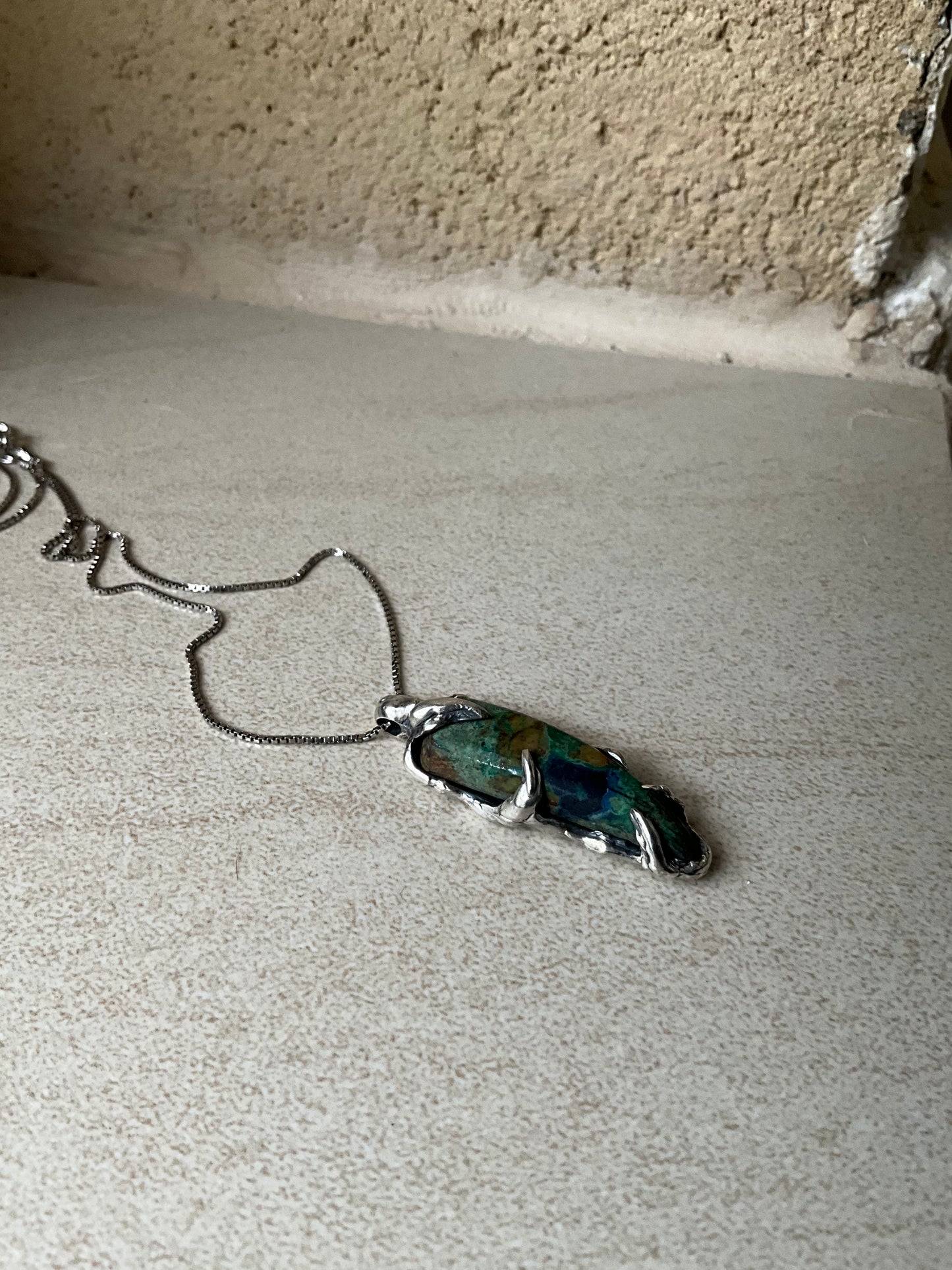 N.7 Chrysocolla Gems In Dirty Sterling Necklace