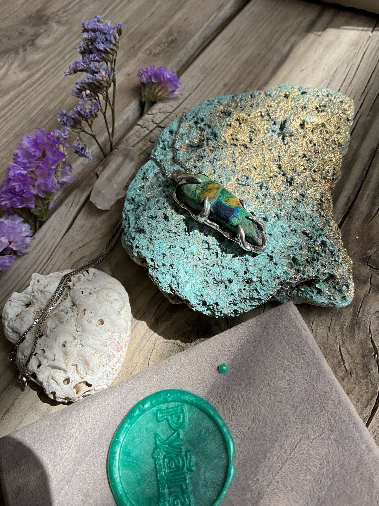 N.7 Chrysocolla Gems In Dirty Sterling Necklace