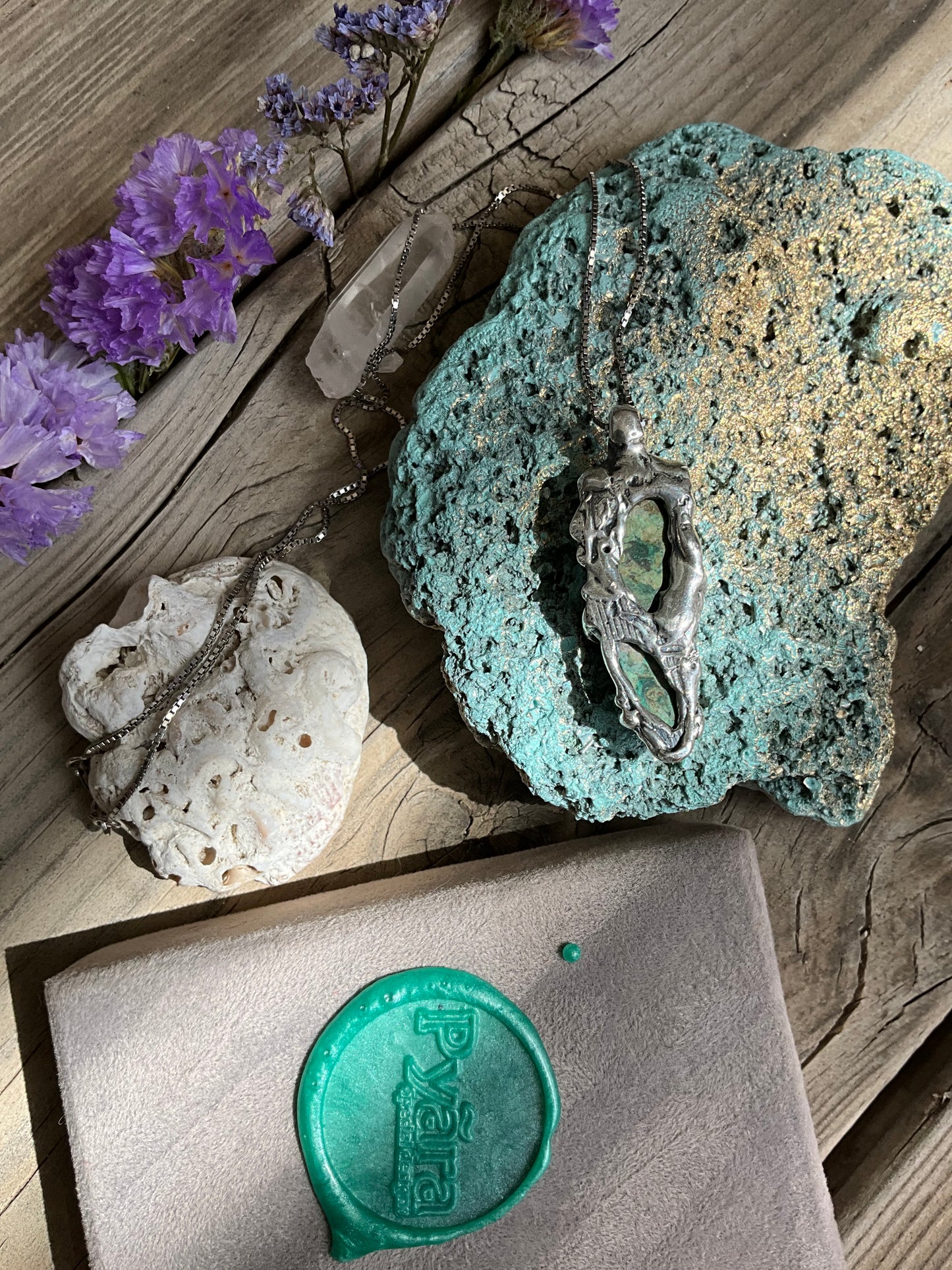 N.7 Chrysocolla Gems In Dirty Sterling Necklace