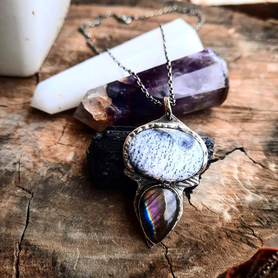 Agat Denderite & Purple Rainbow Labradorite Necklace