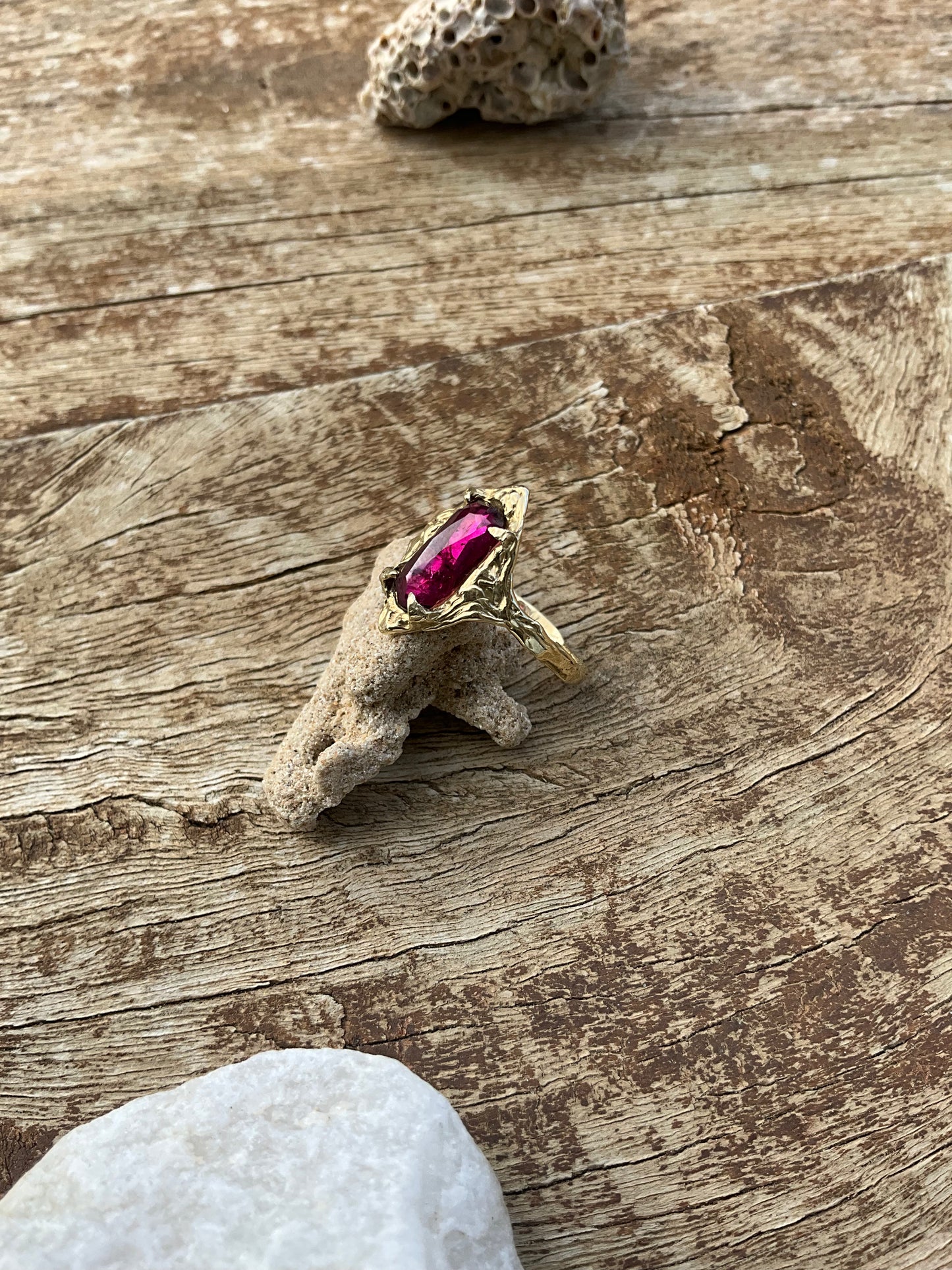 14k Soild Gold Desert Rose Ring Pink Rhodolite Garnet Unique Ring - Pyāra Designs