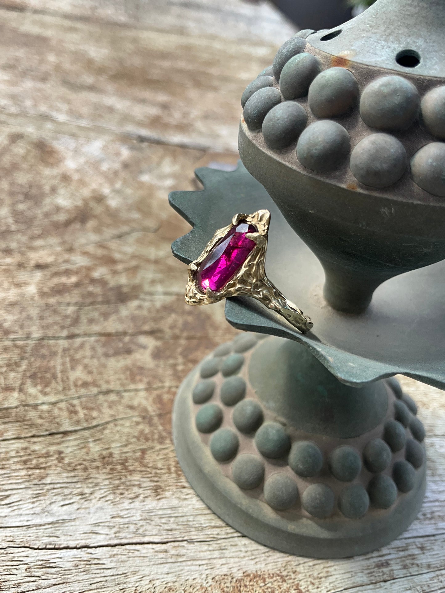 14k Soild Gold Desert Rose Ring Pink Rhodolite Garnet Unique Ring - Pyāra Designs