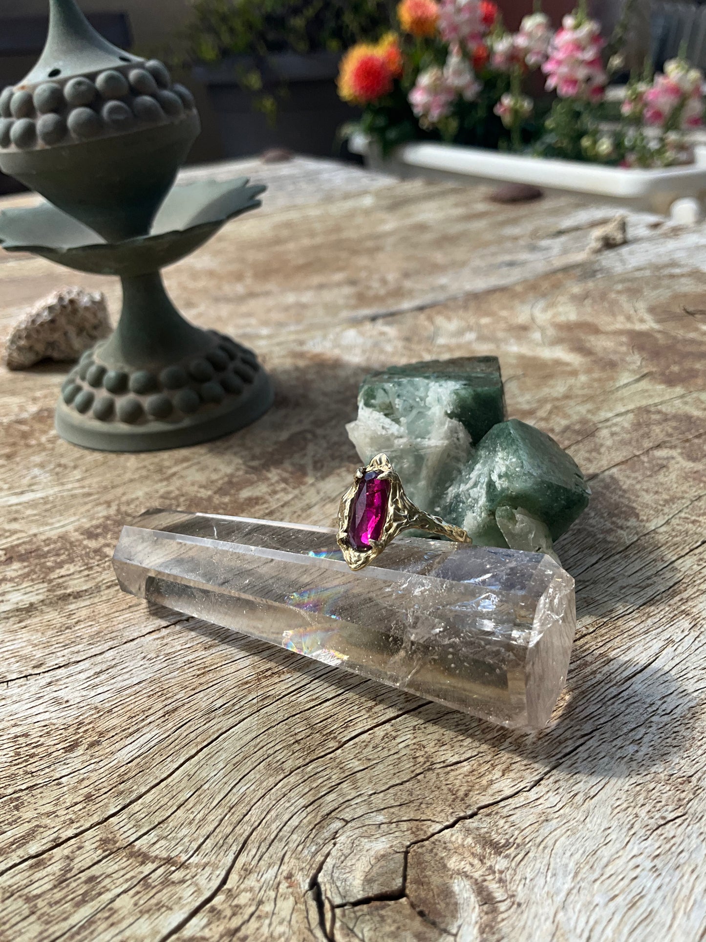 14k Soild Gold Desert Rose Ring Pink Rhodolite Garnet Unique Ring - Pyāra Designs