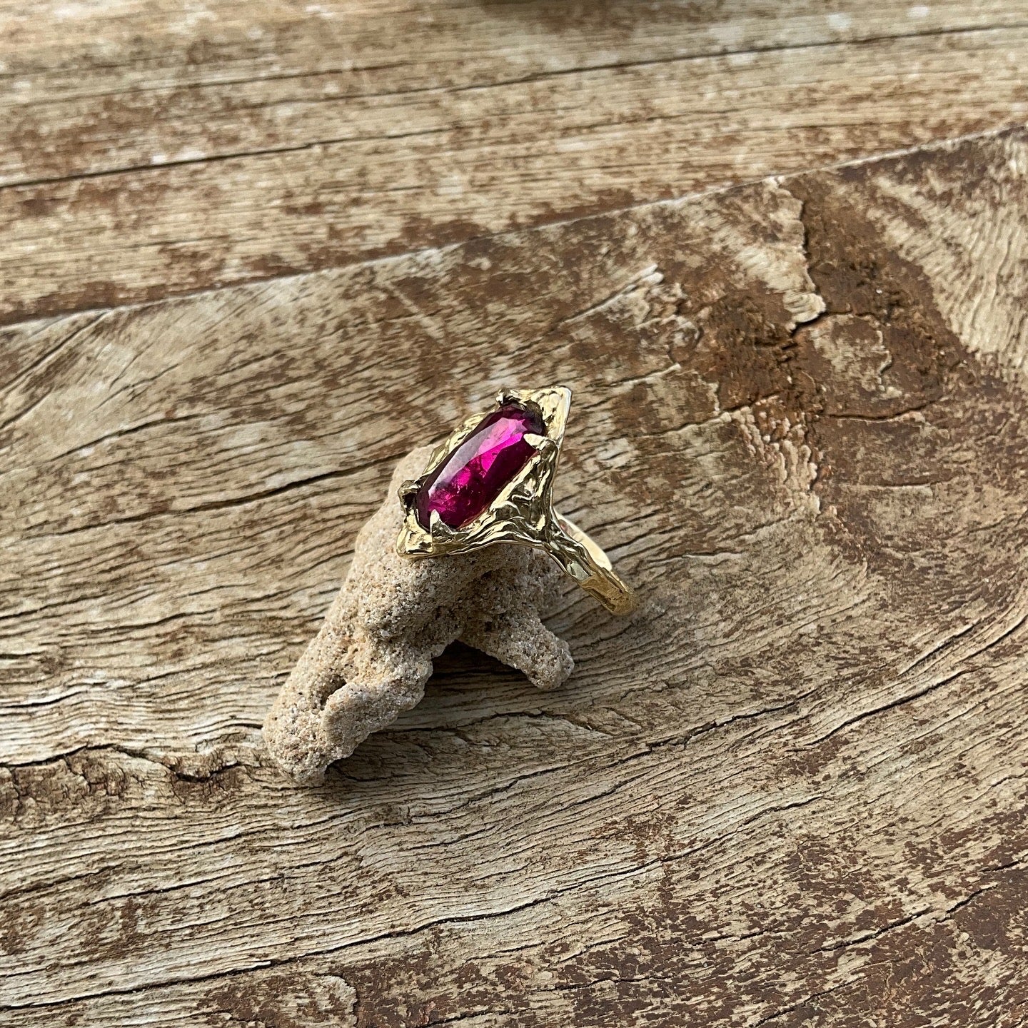 14k Soild Gold Desert Rose Ring Pink Rhodolite Garnet Unique Ring - Pyāra Designs