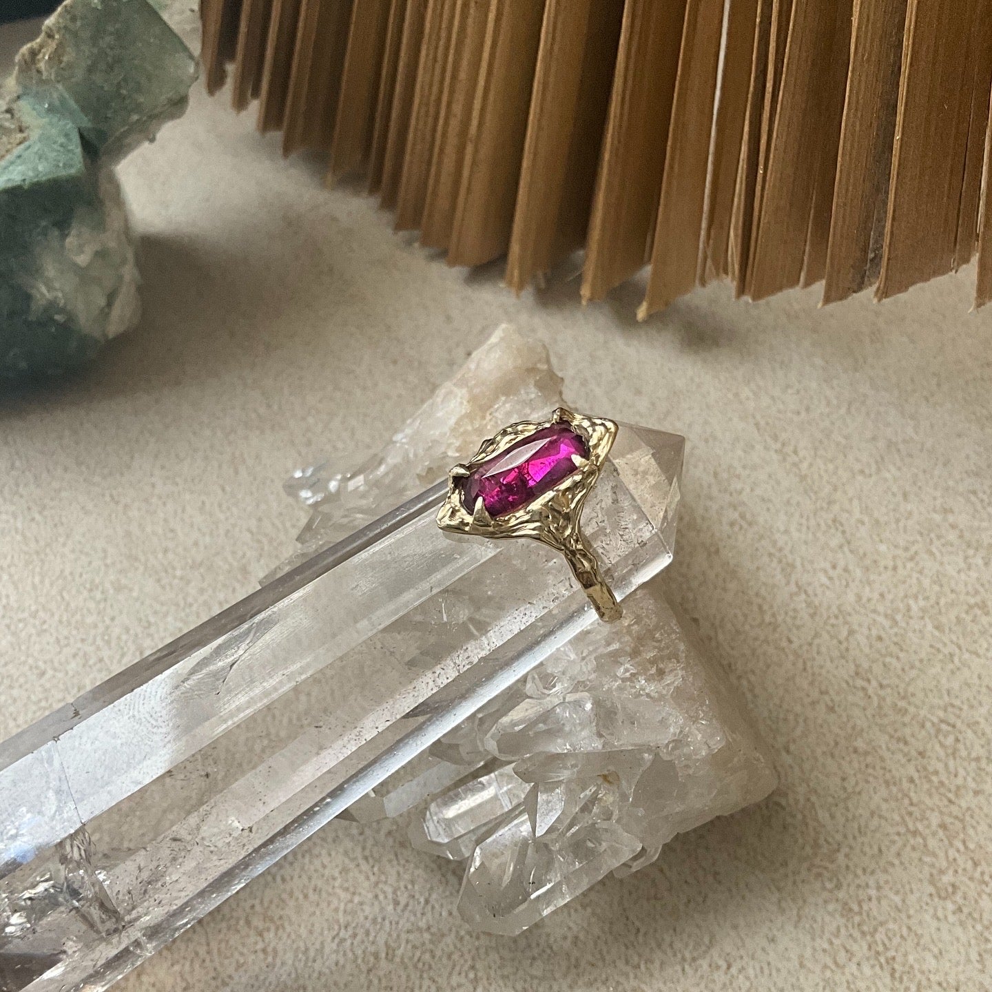 14k Soild Gold Desert Rose Ring Pink Rhodolite Garnet Unique Ring - Pyāra Designs