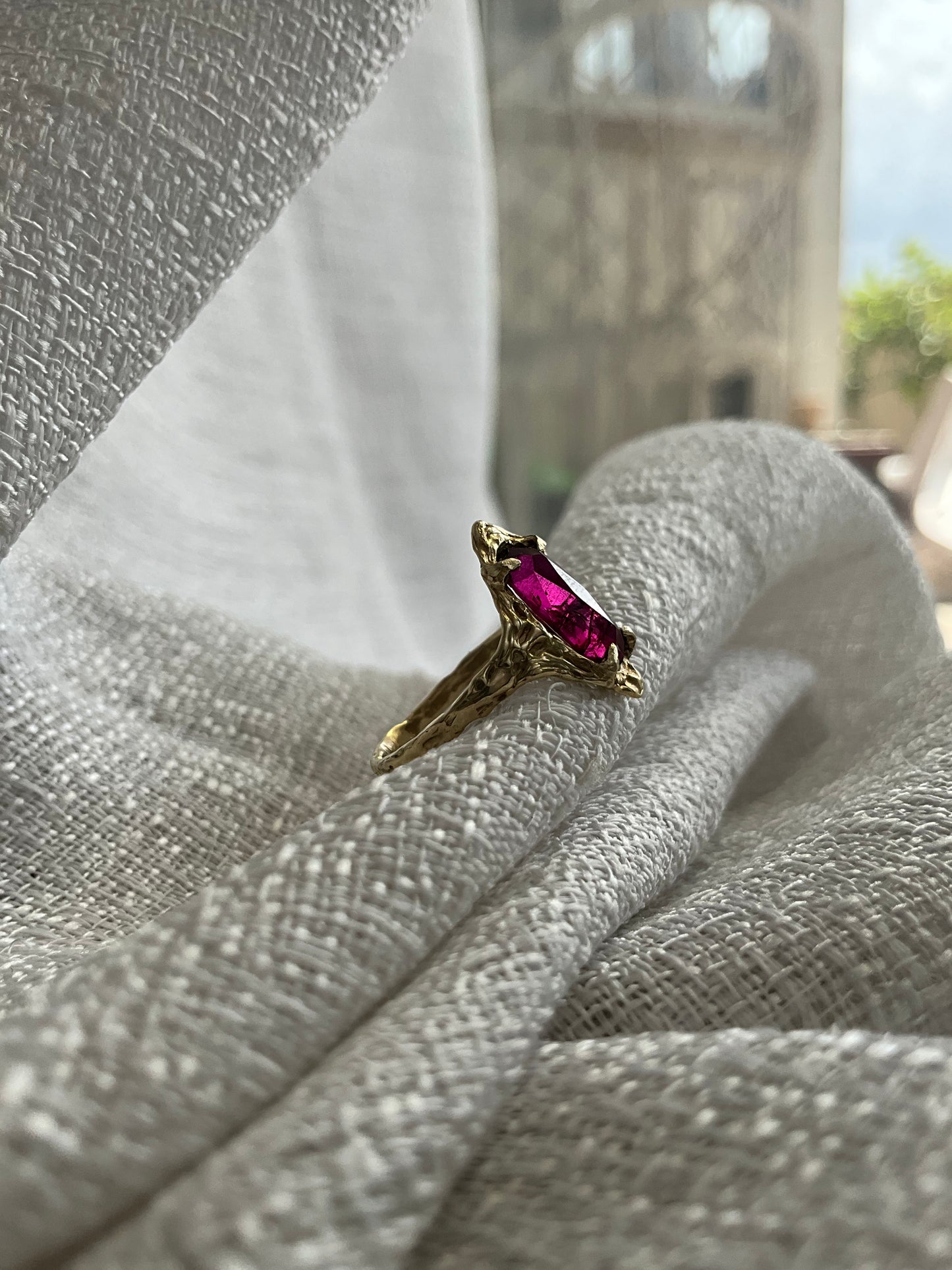 14k Soild Gold Desert Rose Ring Pink Rhodolite Garnet Unique Ring - Pyāra Designs