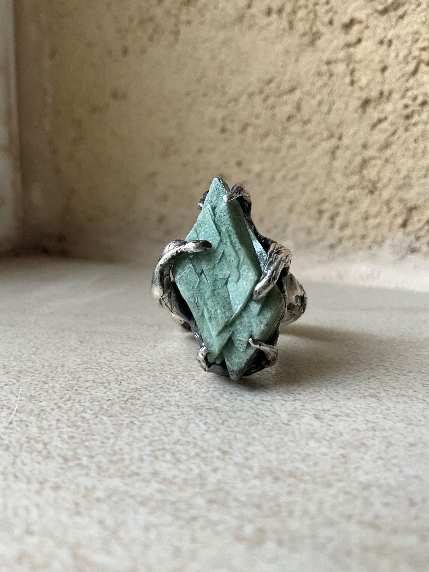 N.6 Green Heulandite Massive Heavy Ring - Pyāra Designs