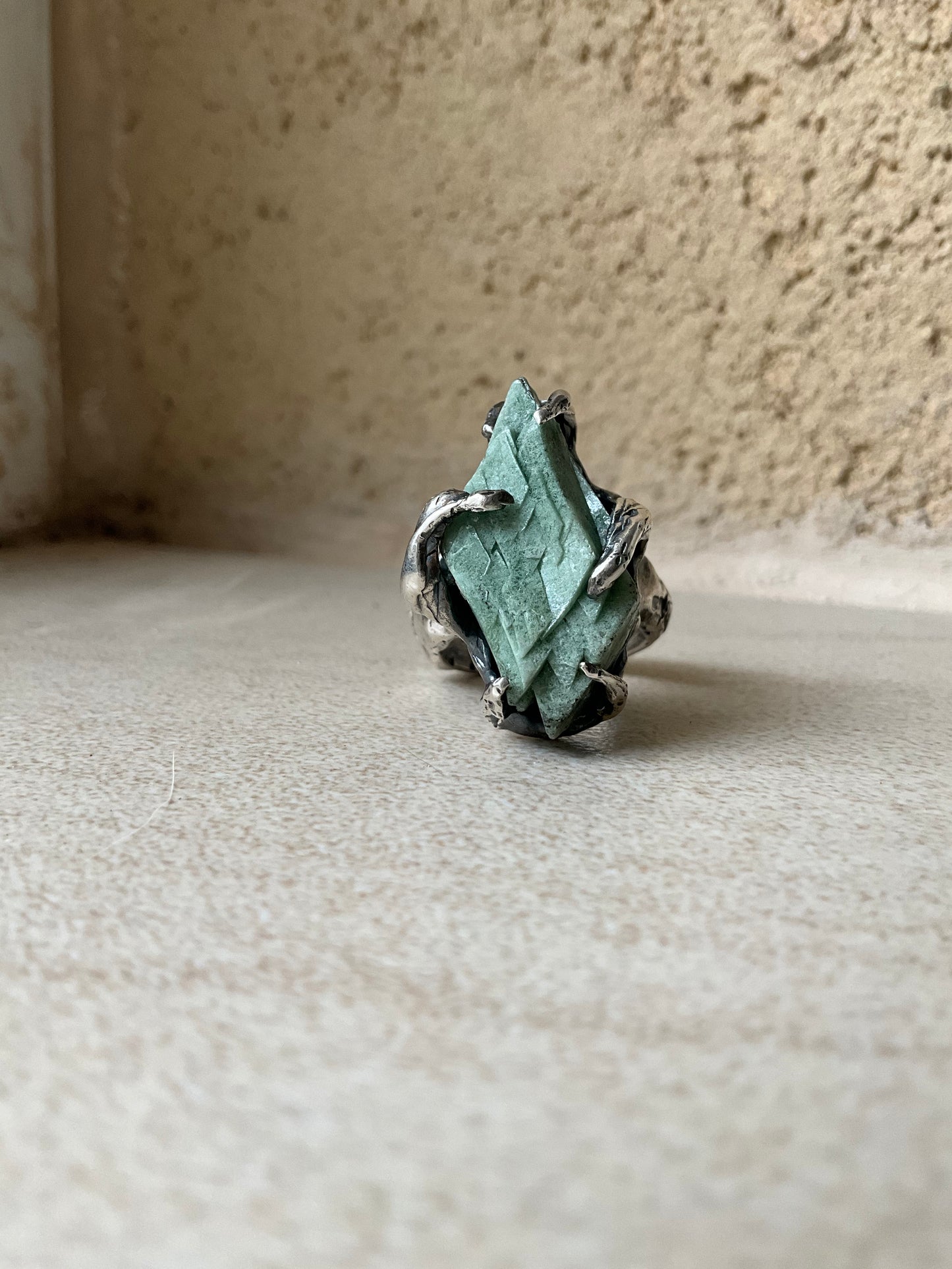 N.6 Green Heulandite Massive Heavy Ring - Pyāra Designs