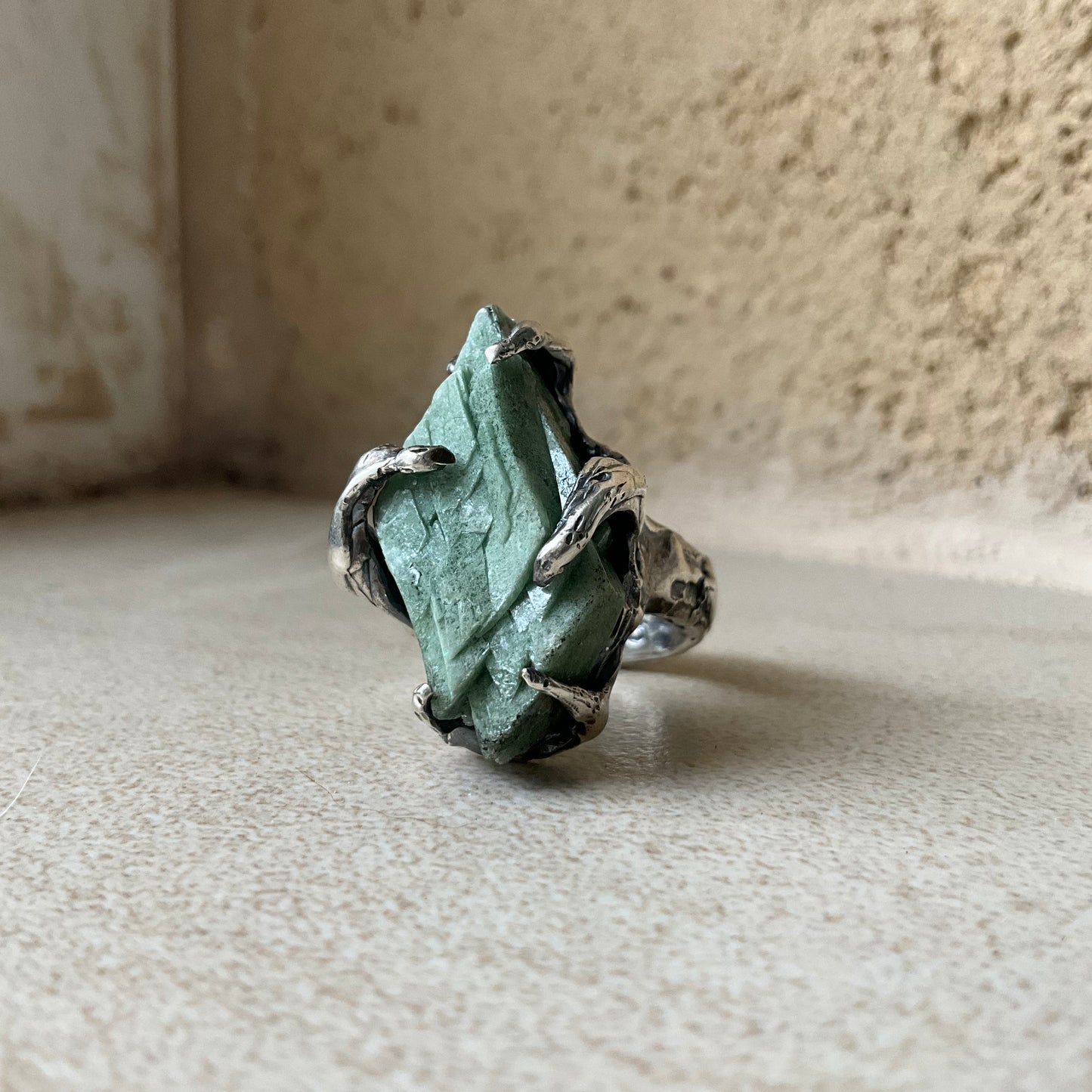 N.6 Green Heulandite Massive Heavy Ring - Pyāra Designs