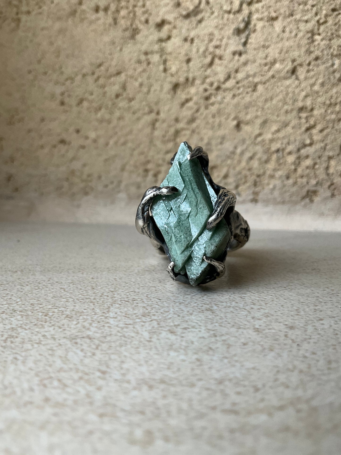 N.6 Green Heulandite Massive Heavy Ring - Pyāra Designs