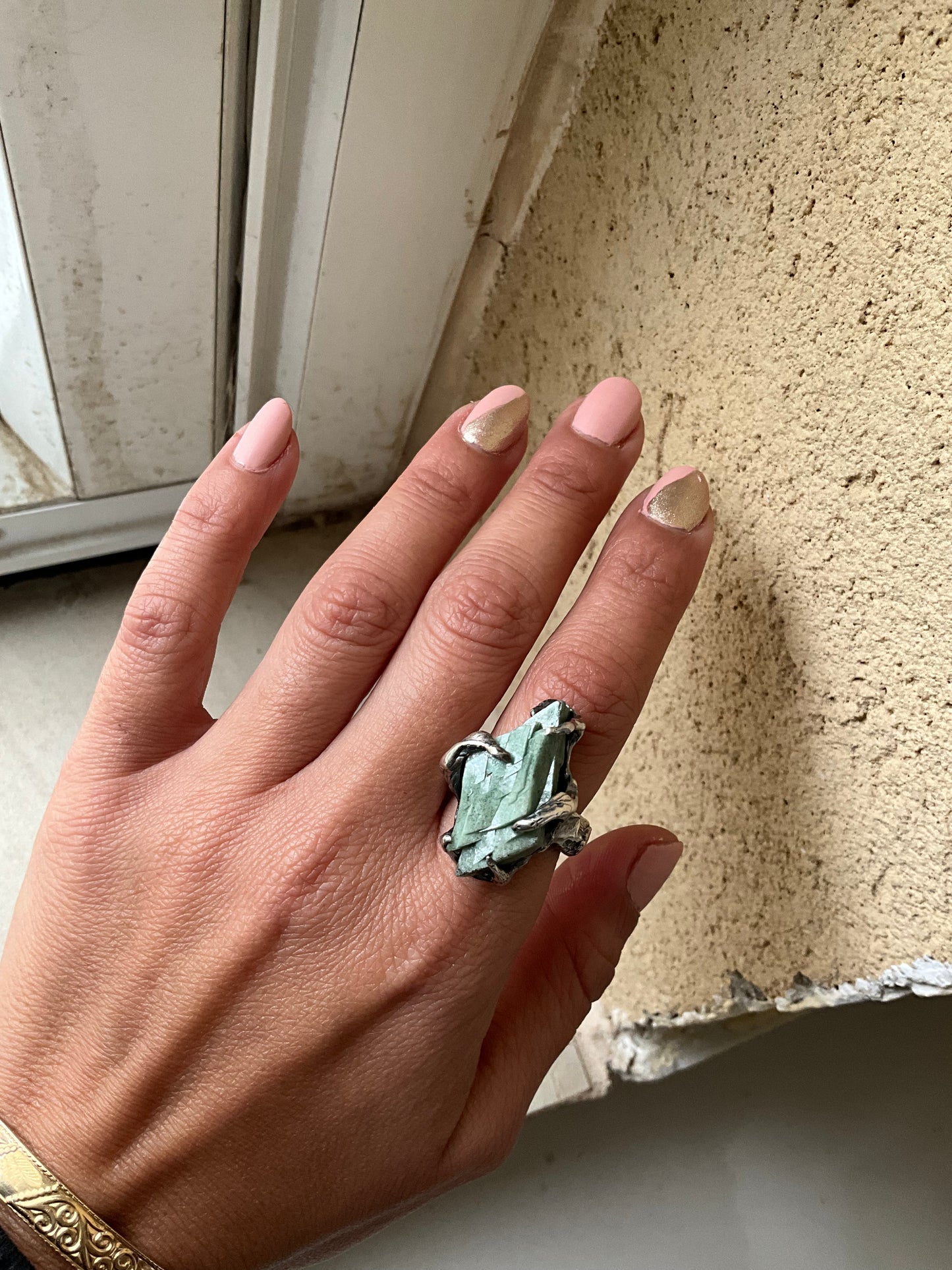 N.6 Green Heulandite Massive Heavy Ring - Pyāra Designs