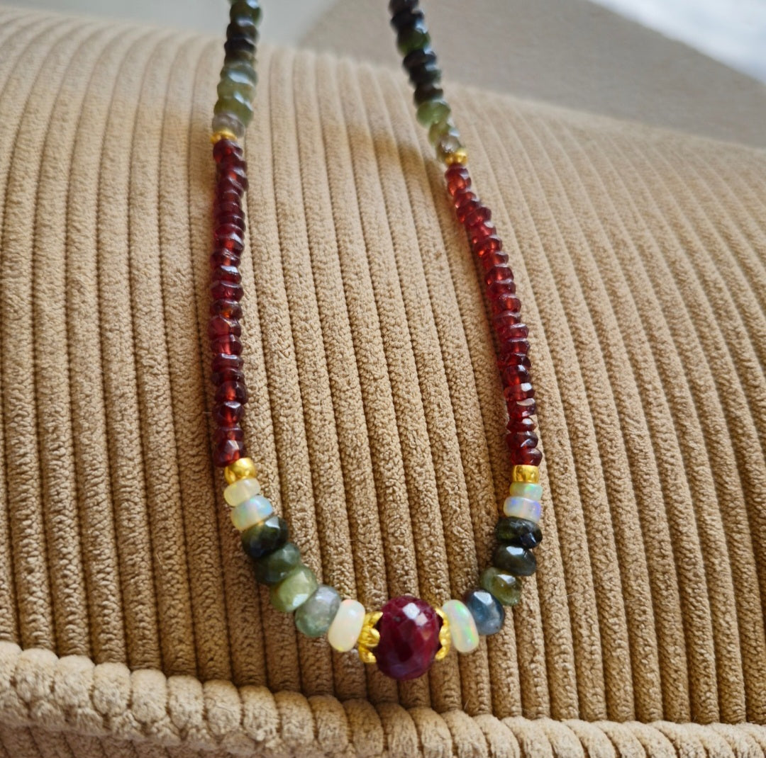 18k Gold Mala Gemstones Beads Necklace Rubi, Garnet, Ethiopian Opal & Green Tourmaline