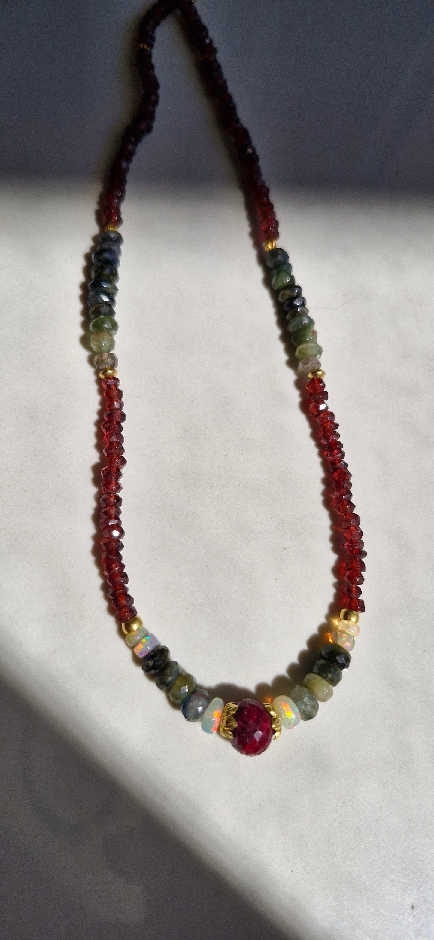 18k Gold Mala Gemstones Beads Necklace Rubi, Garnet, Ethiopian Opal & Green Tourmaline