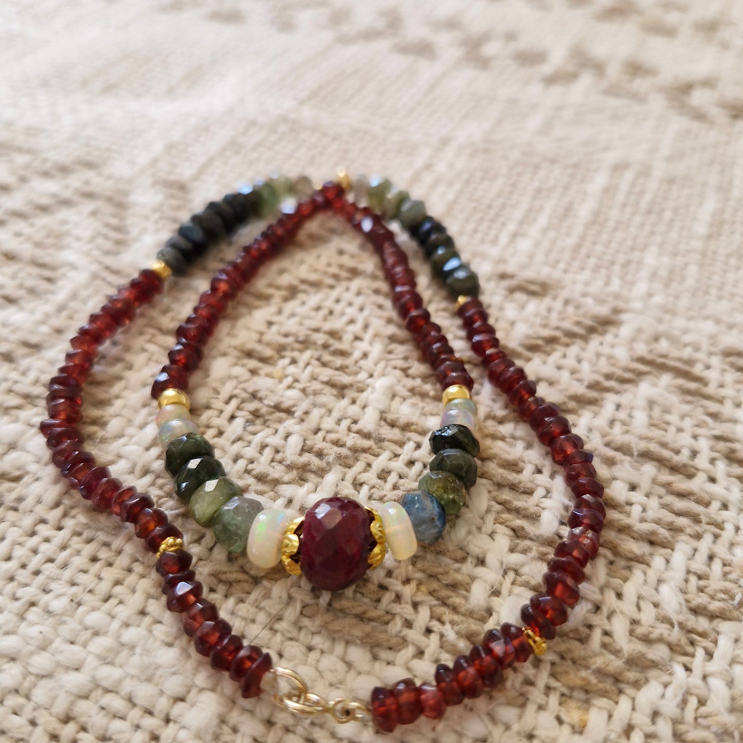 18k Gold Mala Gemstones Beads Necklace Rubi, Garnet, Ethiopian Opal & Green Tourmaline