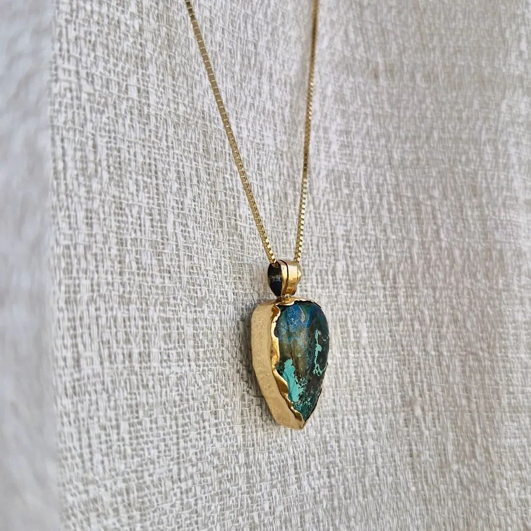 14K Soild Gold Chrysocolla Gemstone Pendant