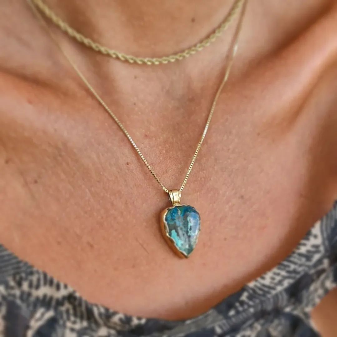 14K Soild Gold Chrysocolla Gemstone Pendant