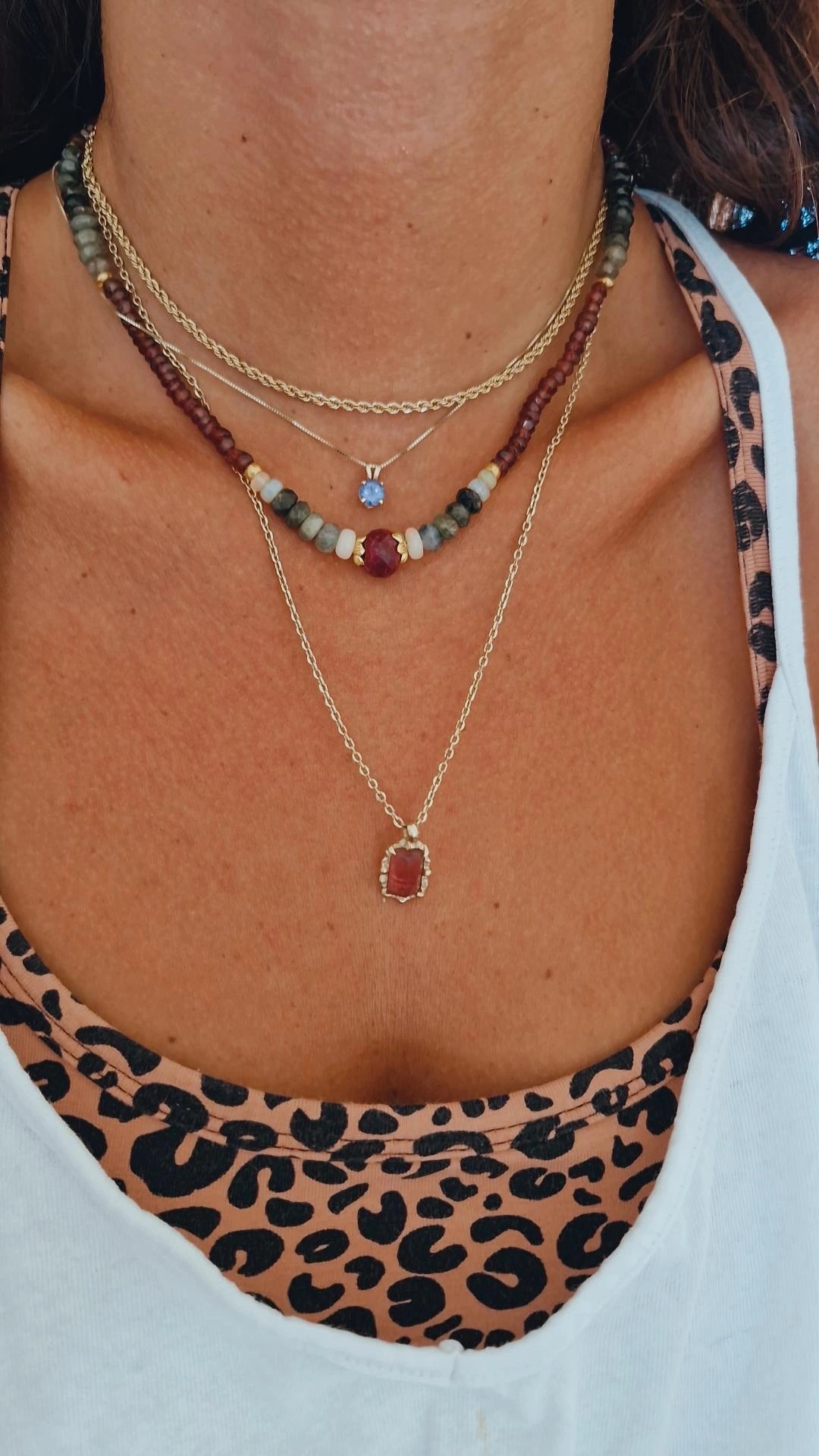 18k Gold Mala Gemstones Beads Necklace Rubi, Garnet, Ethiopian Opal & Green Tourmaline