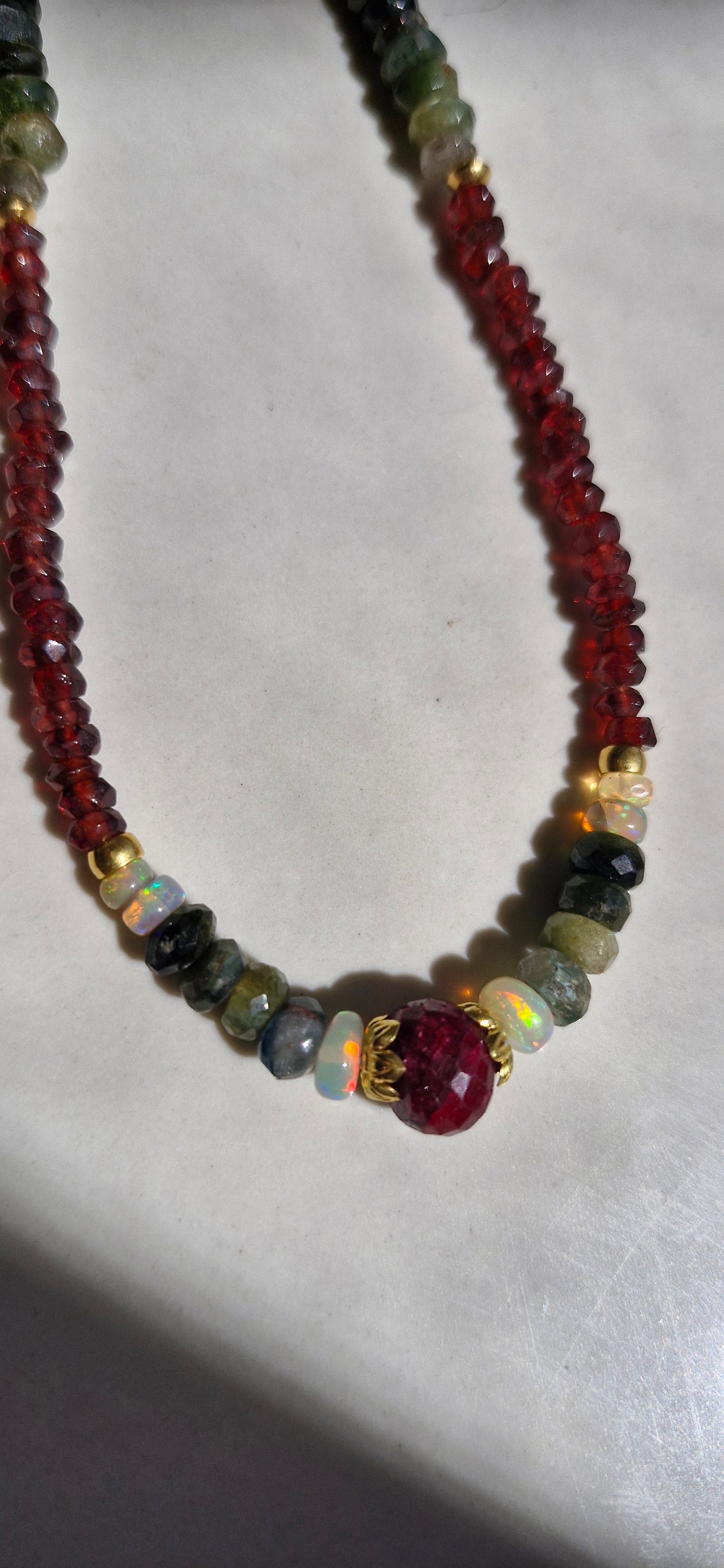 18k Gold Mala Gemstones Beads Necklace Rubi, Garnet, Ethiopian Opal & Green Tourmaline