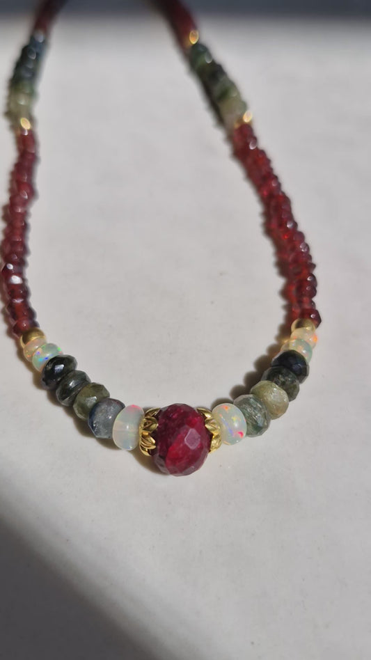 18k Gold Mala Gemstones Beads Necklace Rubi, Garnet, Ethiopian Opal & Green Tourmaline