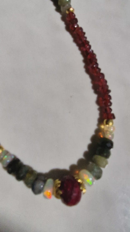 18k Gold Mala Gemstones Beads Necklace Rubi, Garnet, Ethiopian Opal & Green Tourmaline