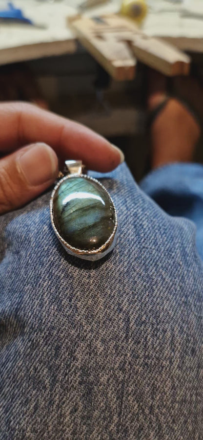 Oval Multi Green-Blue-Orange Labradorite Long Necklace