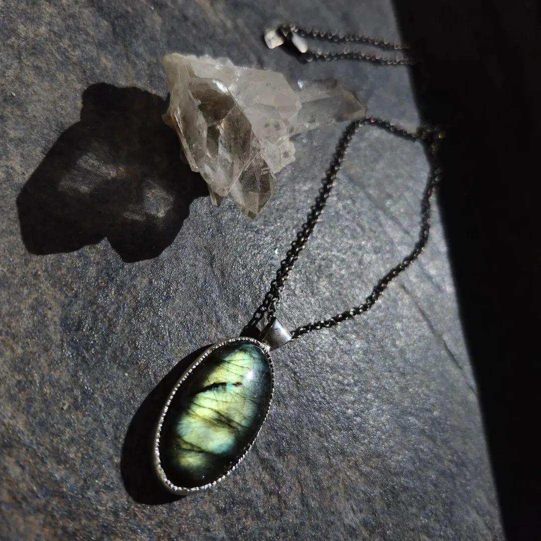 Oval Multi Green-Blue-Orange Labradorite Long Necklace