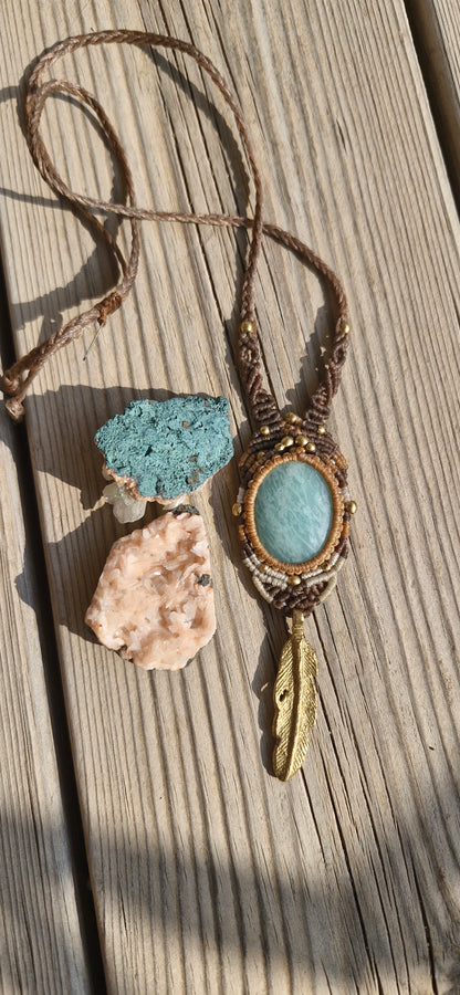 Amazonite Feather Tribe Macrame Necklace - Pyāra Designs