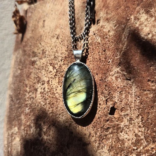 Oval Multi Green-Blue-Orange Labradorite Long Necklace