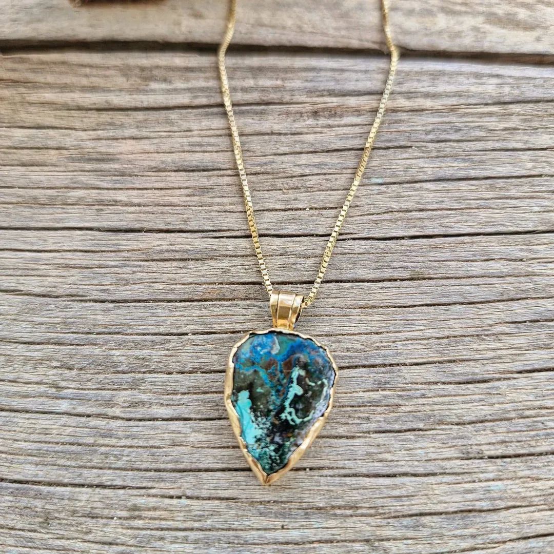 14K Soild Gold Chrysocolla Gemstone Pendant