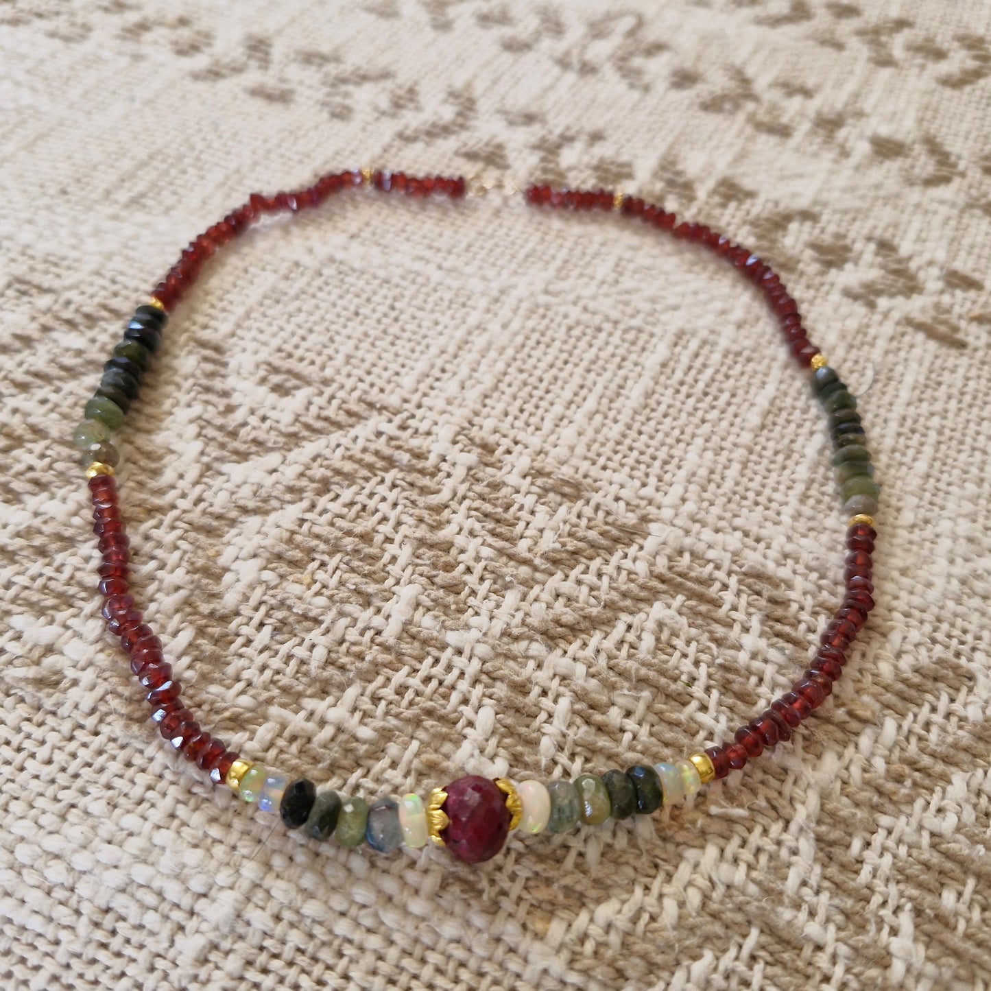 18k Gold Mala Gemstones Beads Necklace Rubi, Garnet, Ethiopian Opal & Green Tourmaline
