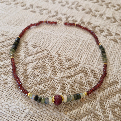 18k Gold Mala Gemstones Beads Necklace Rubi, Garnet, Ethiopian Opal & Green Tourmaline