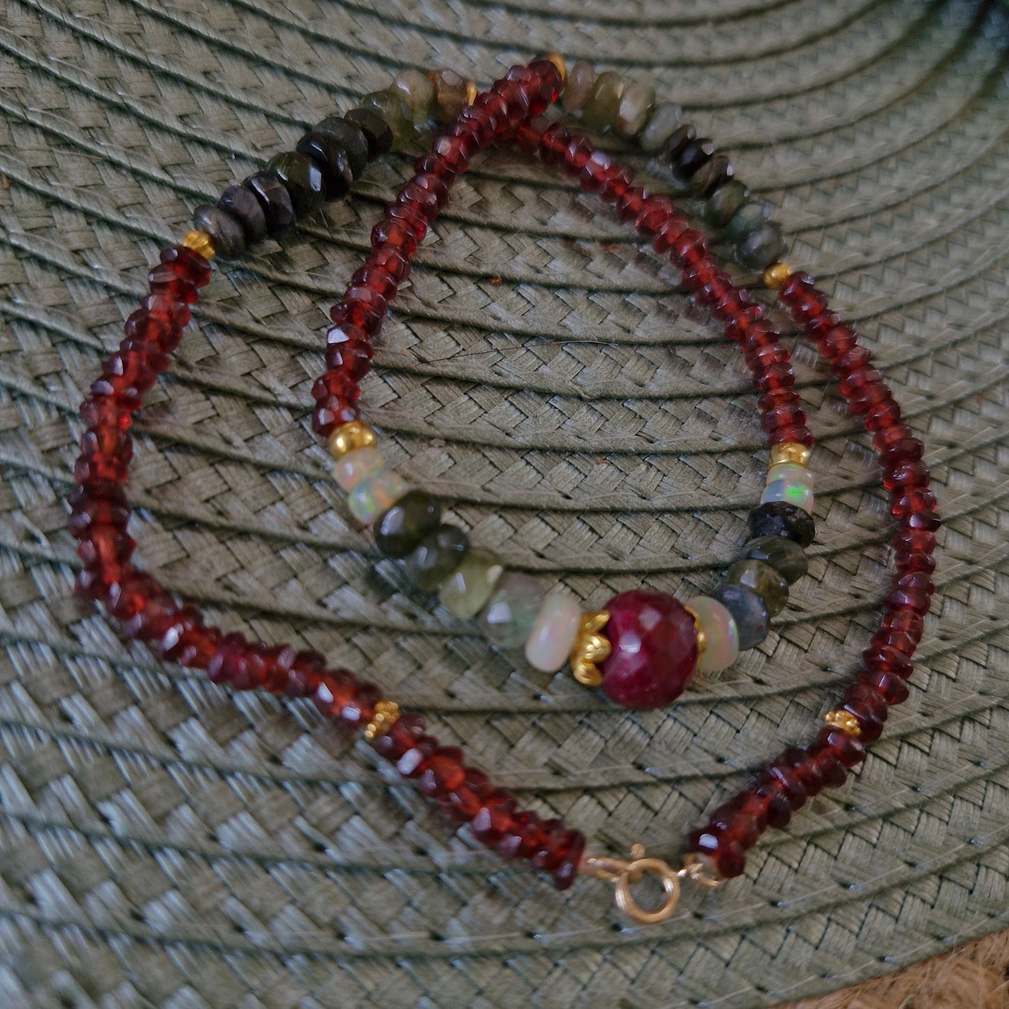 18k Gold Mala Gemstones Beads Necklace Rubi, Garnet, Ethiopian Opal & Green Tourmaline