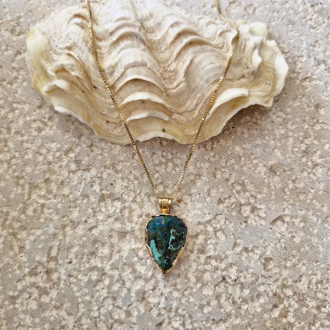 14K Soild Gold Chrysocolla Gemstone Pendant