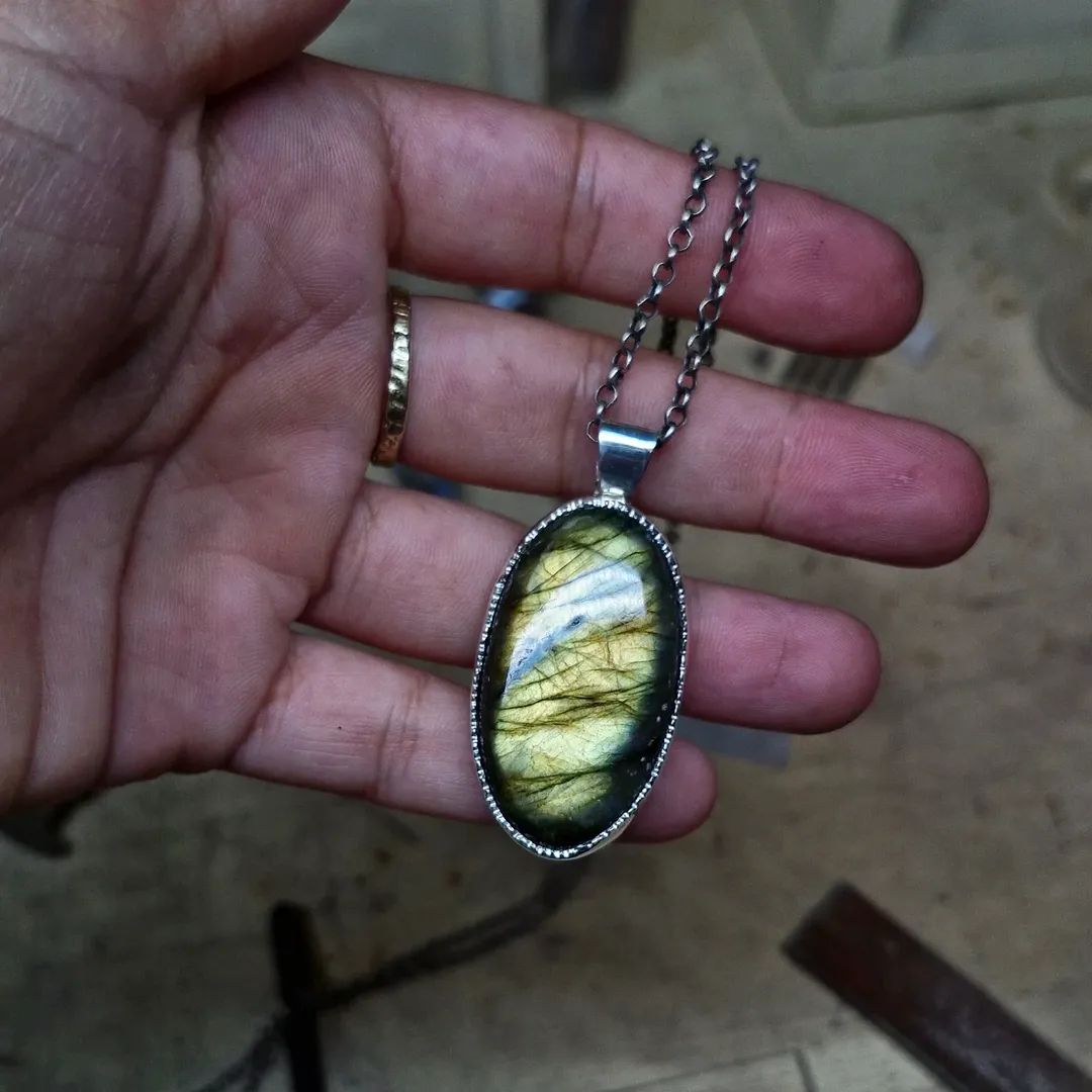 Oval Multi Green-Blue-Orange Labradorite Long Necklace